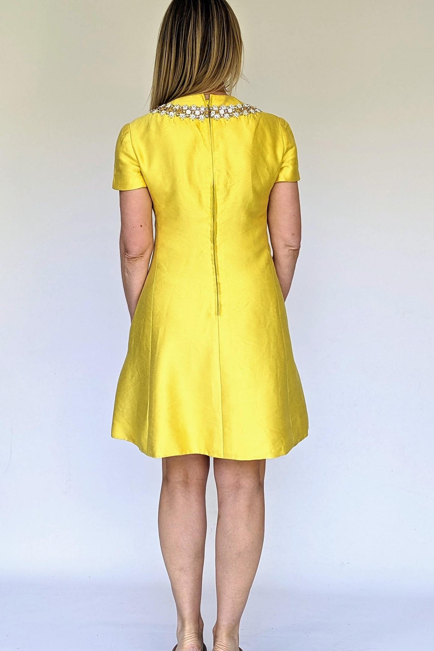 1960s Elinor Simmons for Malcolm Starr, Makoff Salt Lake City, Yellow Beaded Cocktail Dress