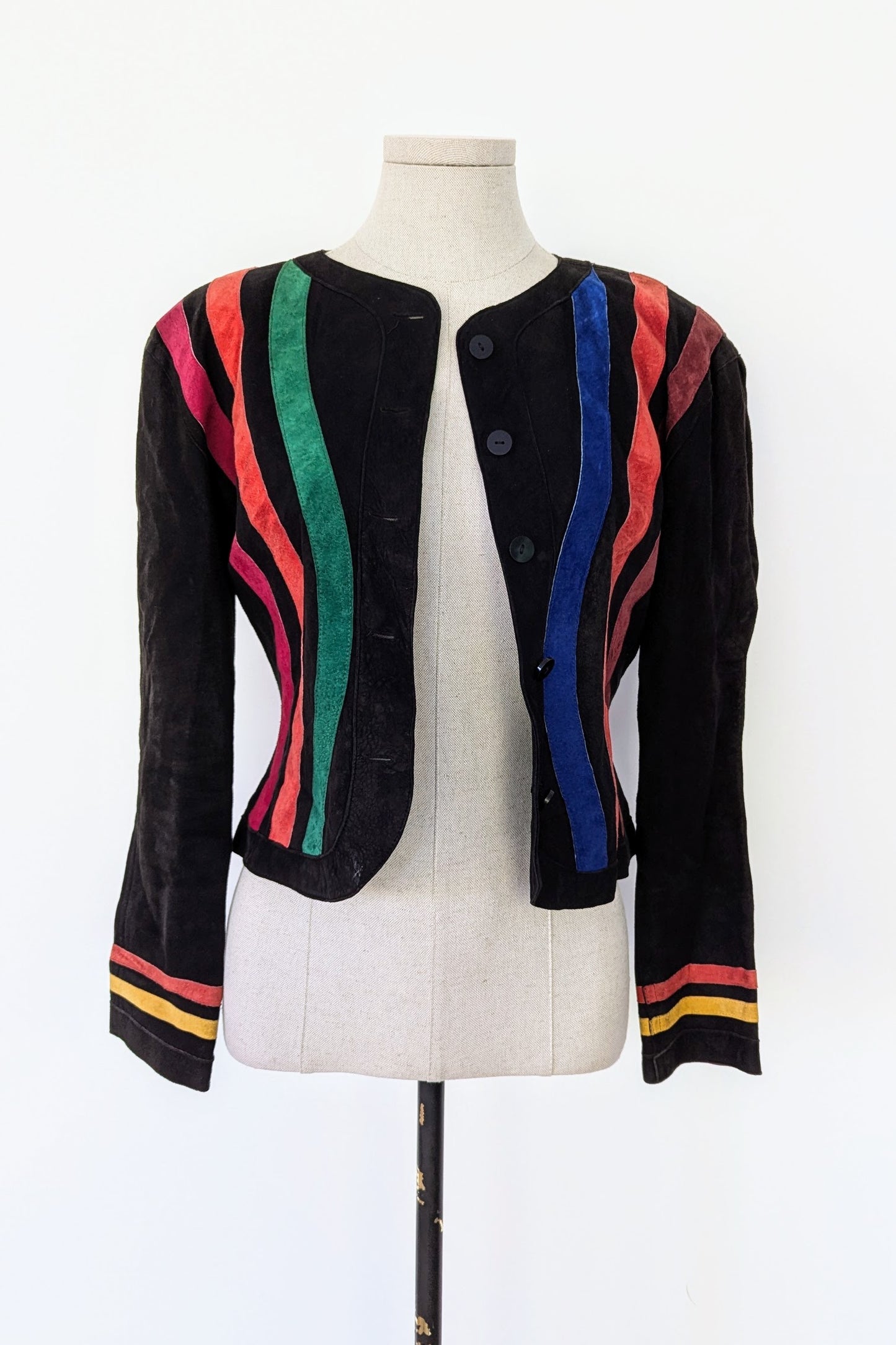 open vintage jean muir colour block suede jacket with rainbow stripes on black suede