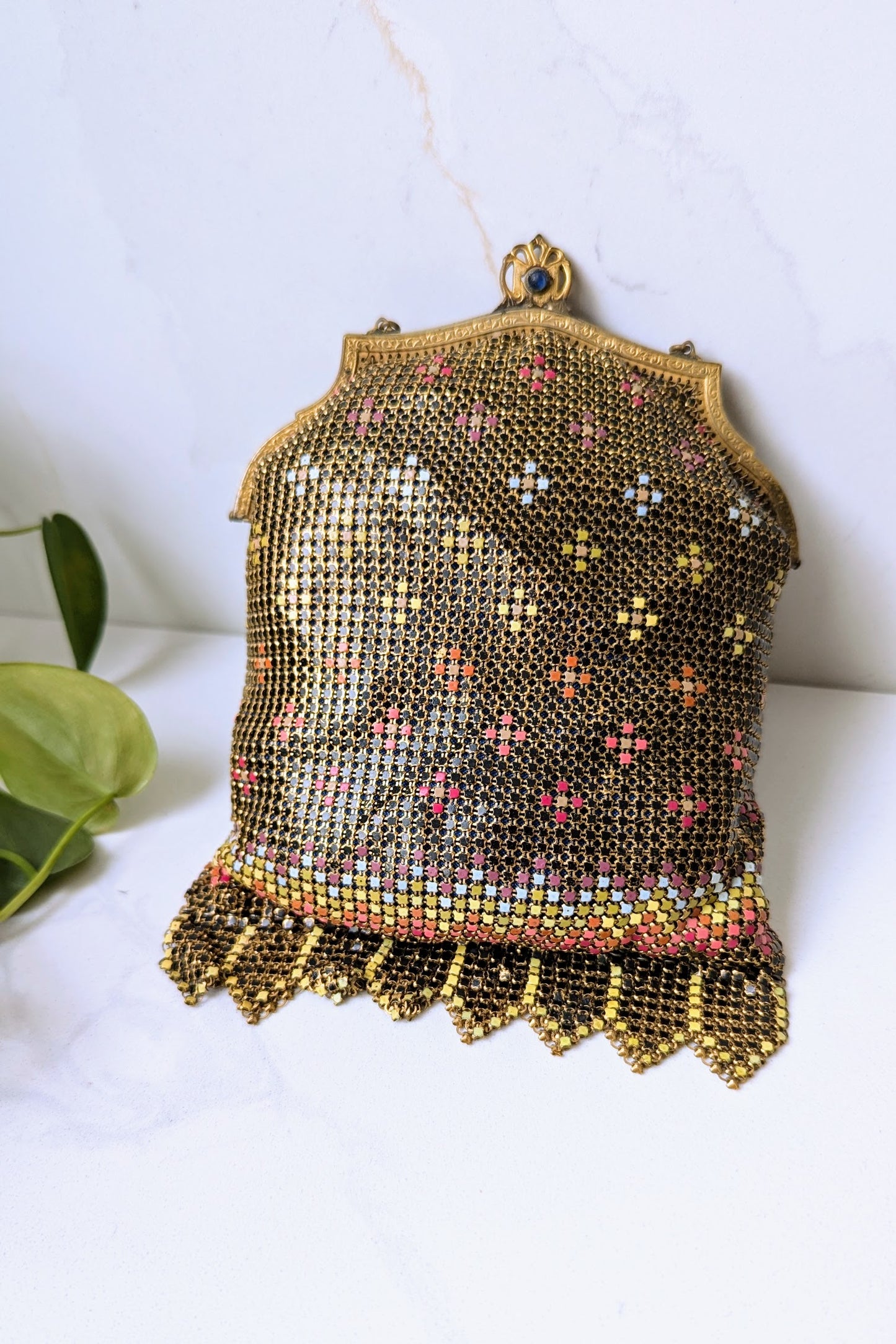 1920's Art Deco Black and Gold Enamel Mesh Rainbow Purse - Whiting & Davis