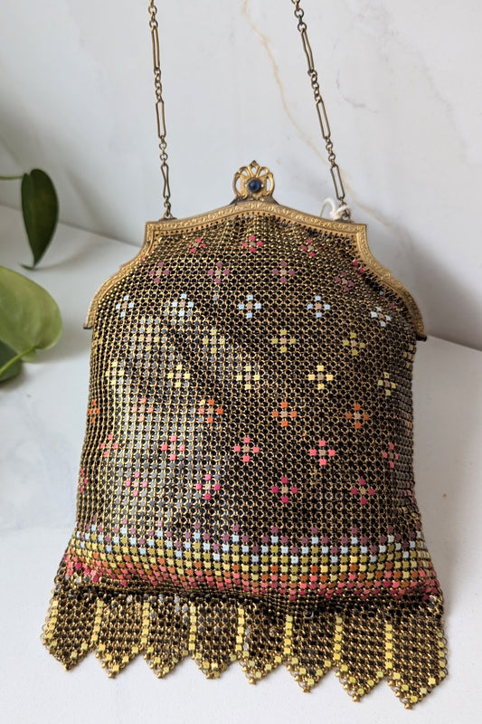 1920's Art Deco Black and Gold Enamel Mesh Rainbow Purse - Whiting & Davis