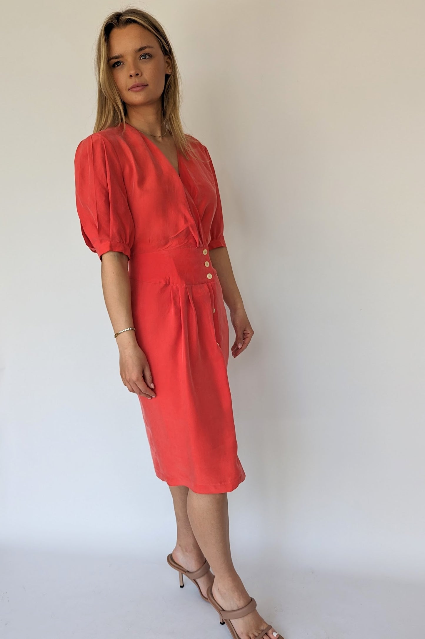 80s vintage red silk red dress with wrap front and pleated sleeves