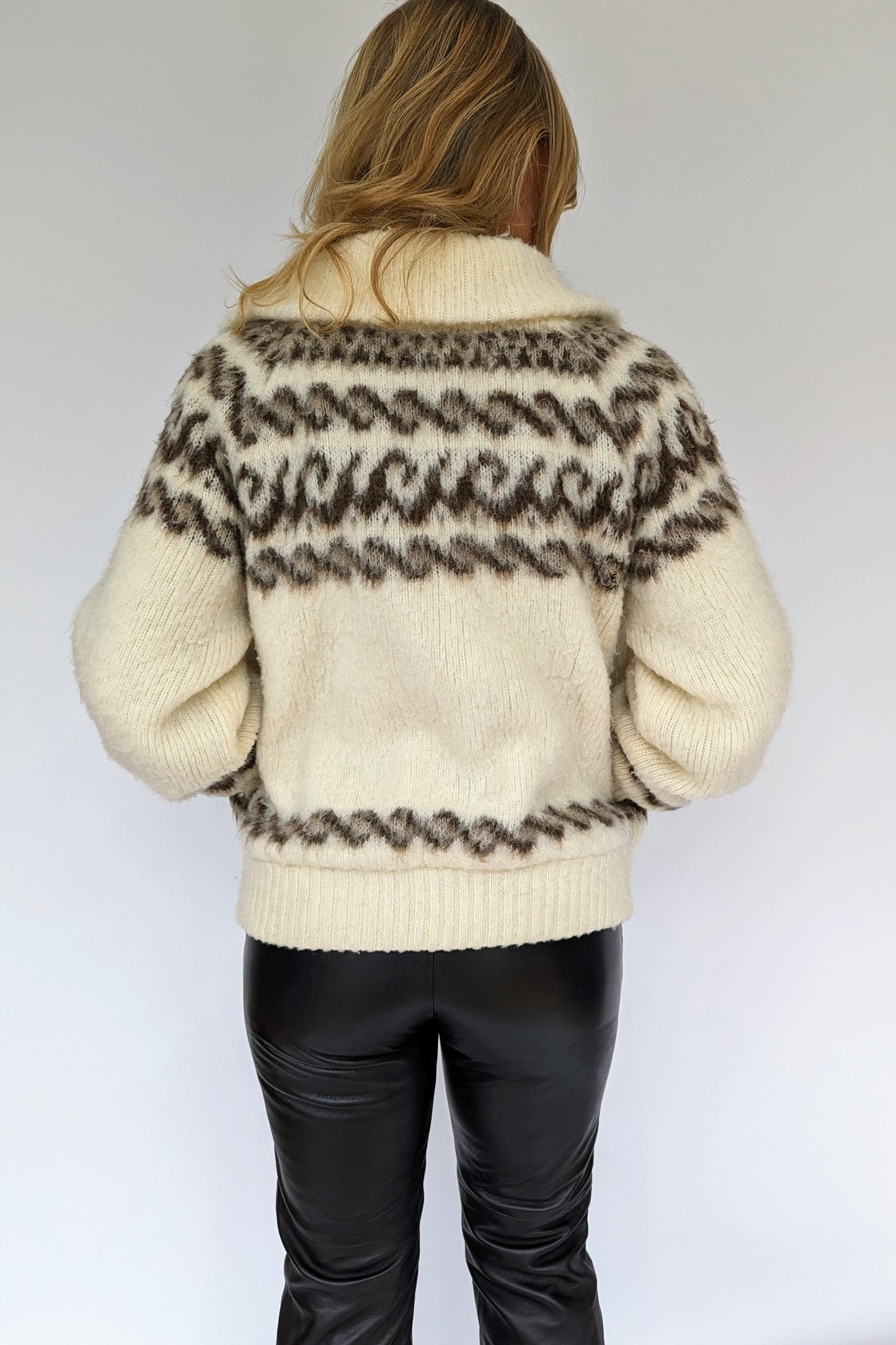 patterned icelandic knit jacket wool cardigan in cream and brown - back of