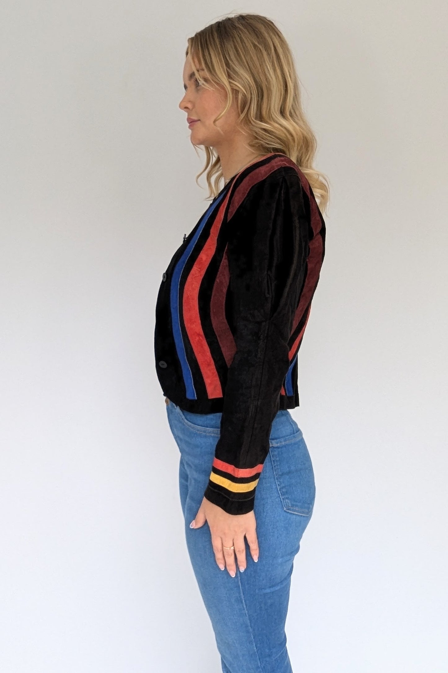 side of vintage jean muir colour block suede jacket with rainbow stripes on black suede