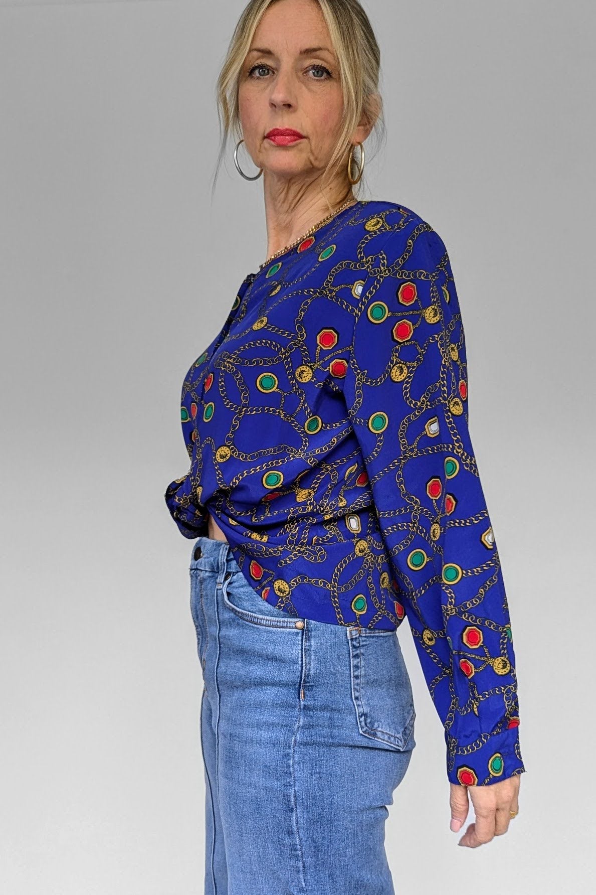 vintage 80s blue chain blouse tied