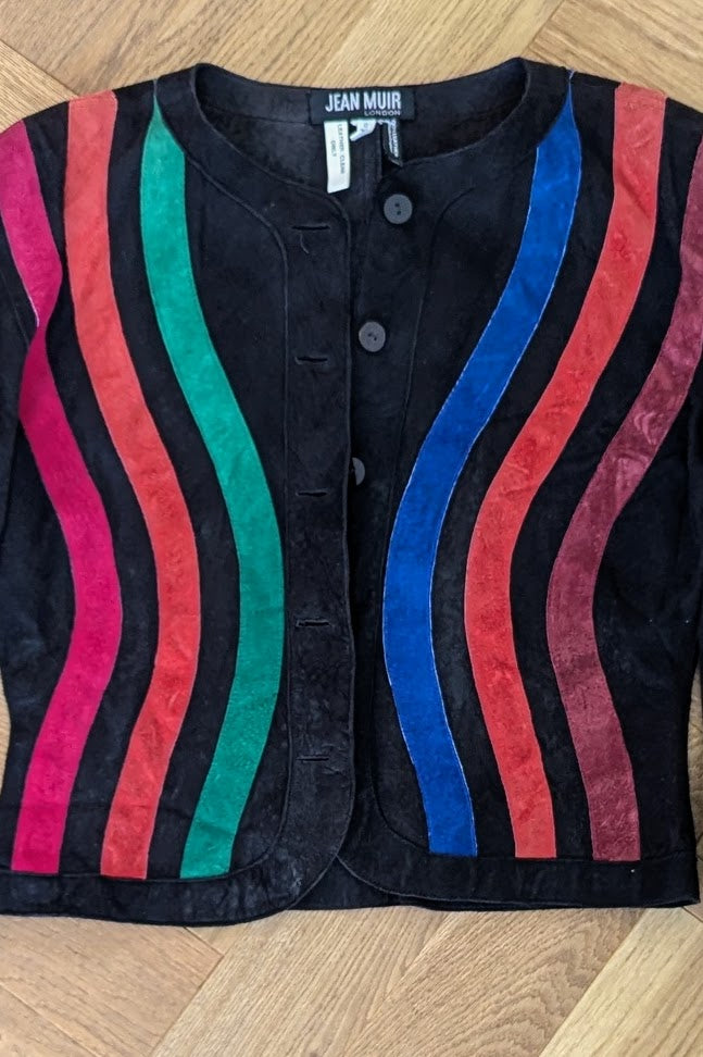 vintage jean muir colour block suede jacket with rainbow stripes on black suede