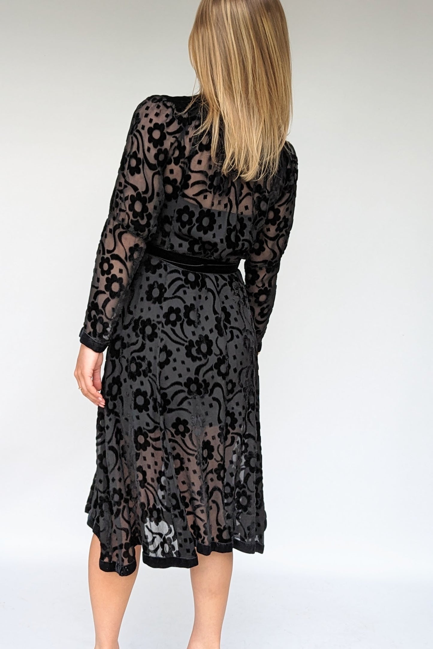 Back of Vintage ossie clark 60s devore cut velvet black dress with tie waist