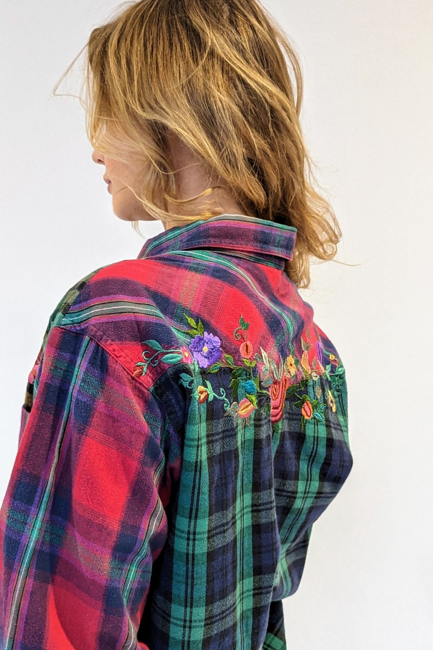 embroidered back on plaid shirt