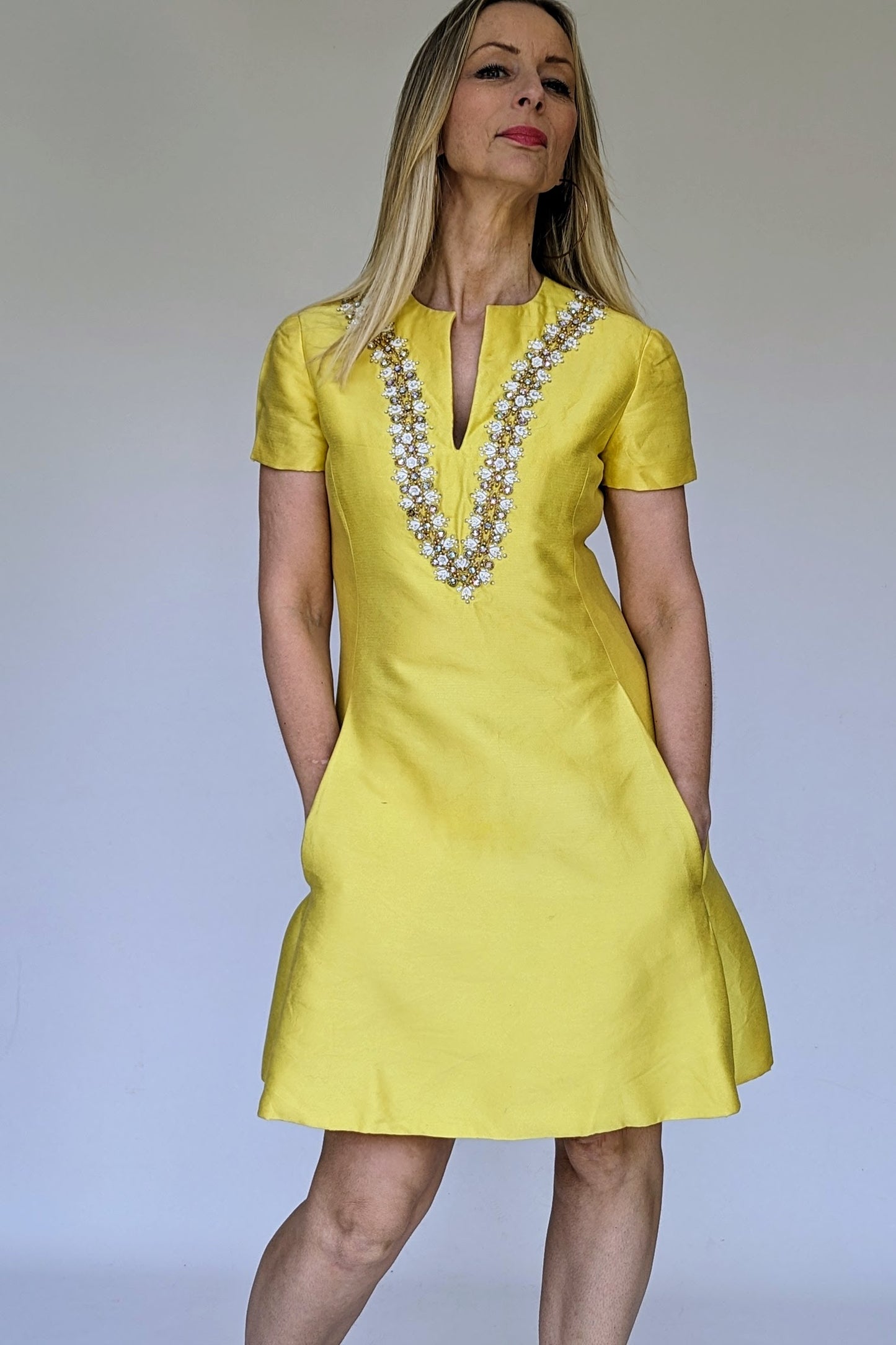 1960s Elinor Simmons for Malcolm Starr, Makoff Salt Lake City, Yellow Beaded Cocktail Dress