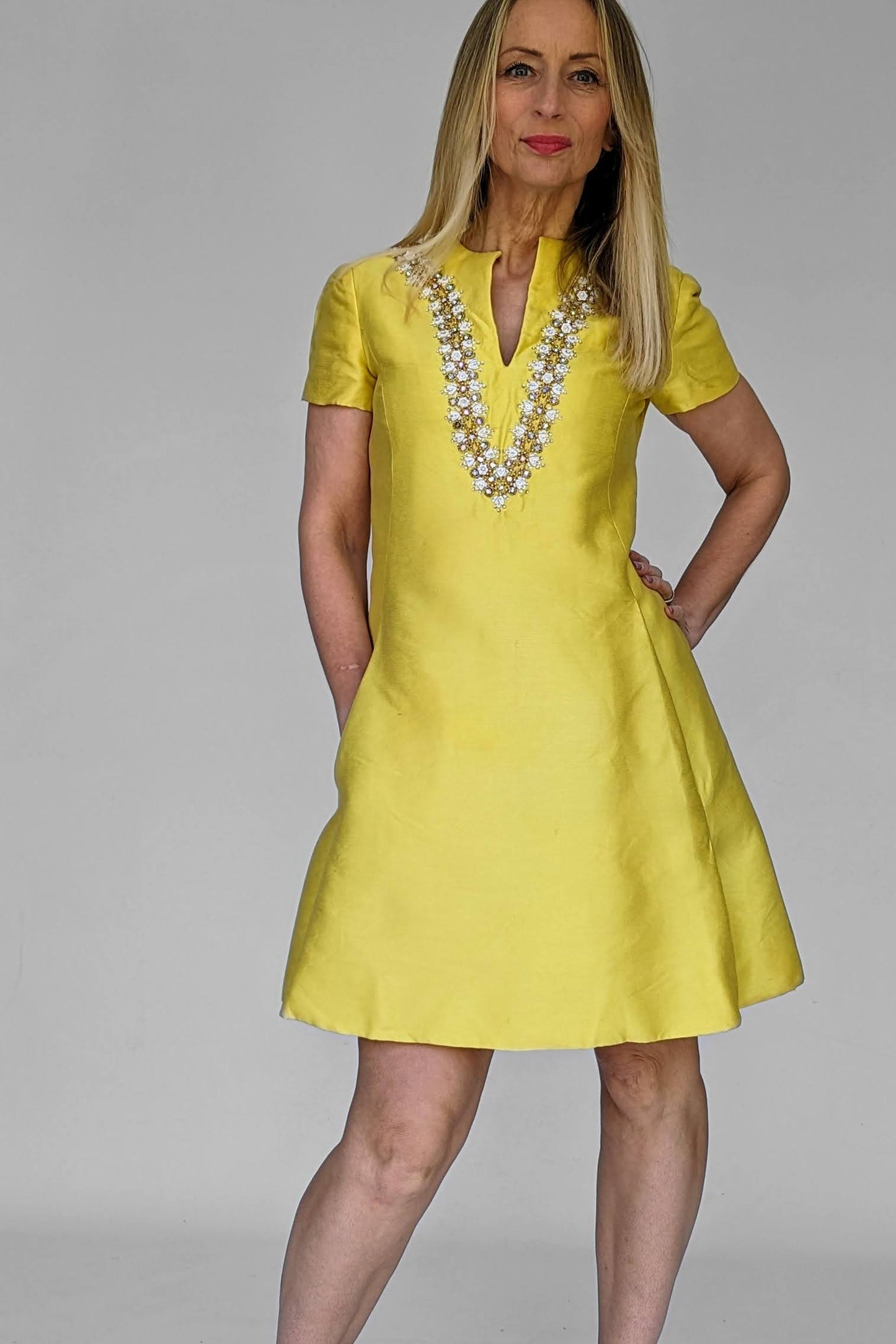1960s Elinor Simmons for Malcolm Starr, Makoff Salt Lake City, Yellow Beaded Cocktail Dress