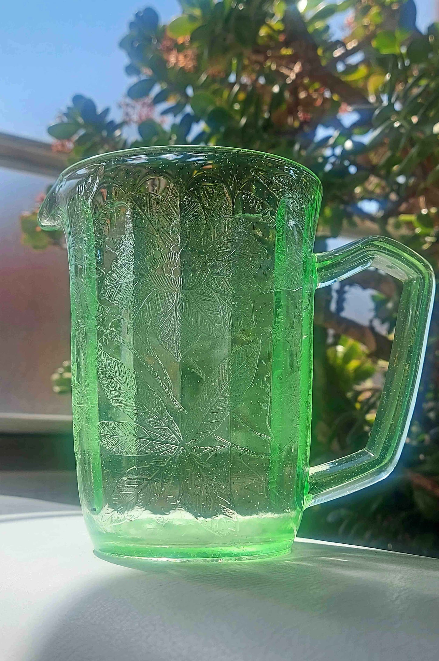 vintage 1930s Green Depression Uranium Floral Jeannette Glass Pitcher