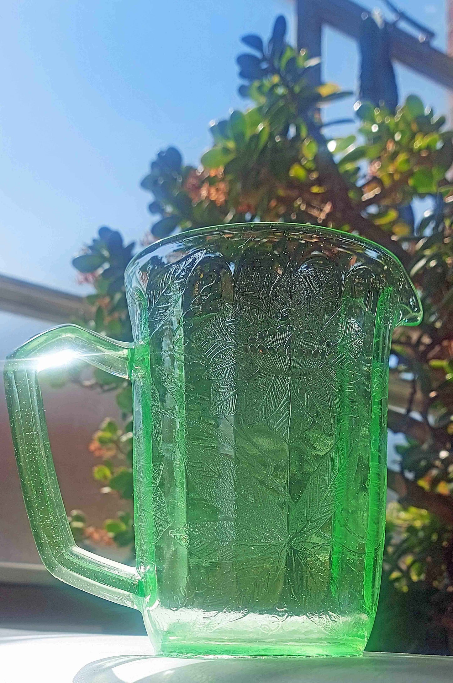 1930s Green Depression Uranium passion flower Jeannette Glass Pitcher
