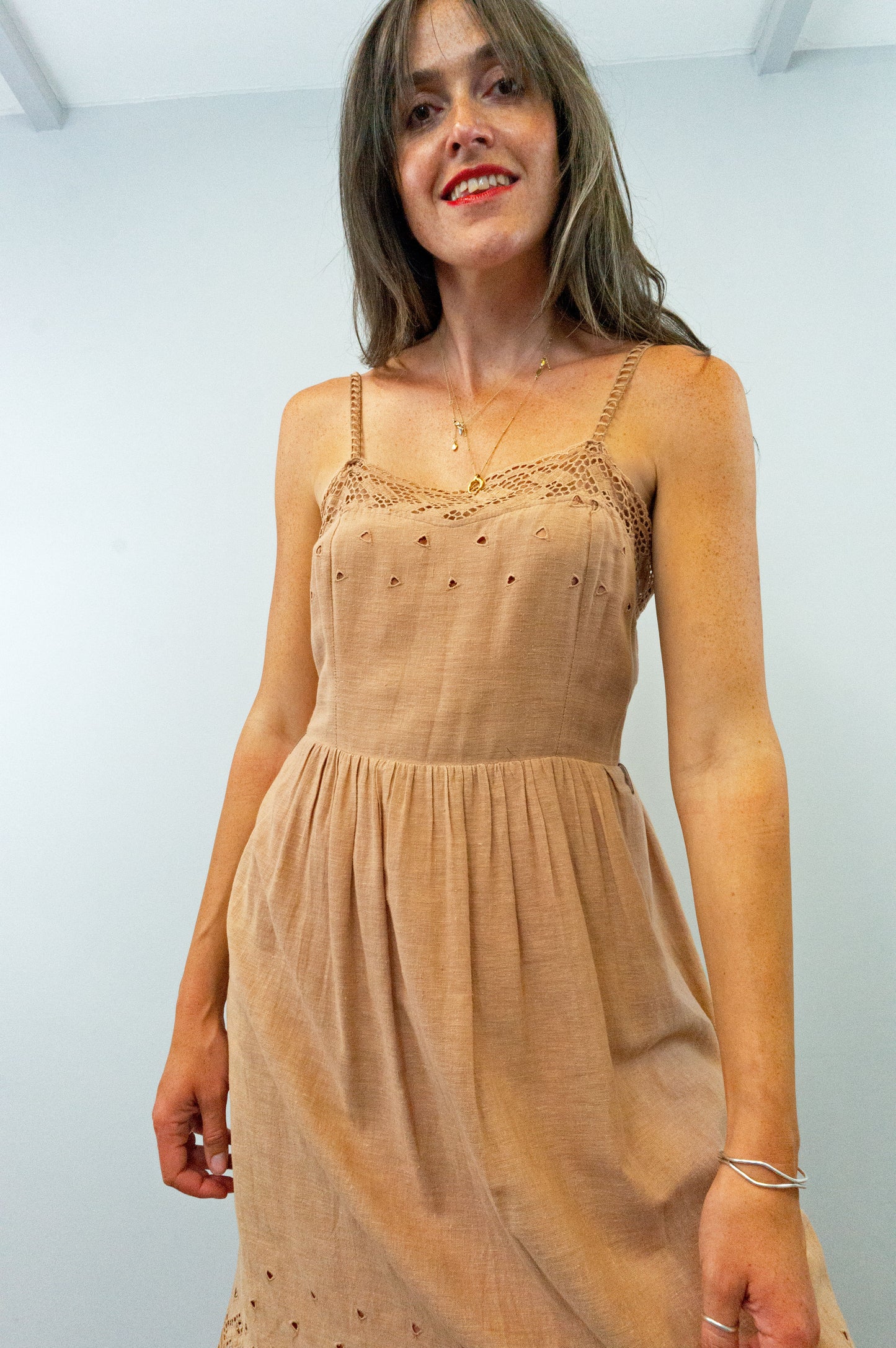 rose pink vintage linen midi dress
