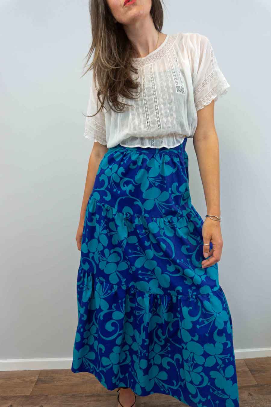 Vintage 1970s Tiered Blue Floral Maxi Skirt