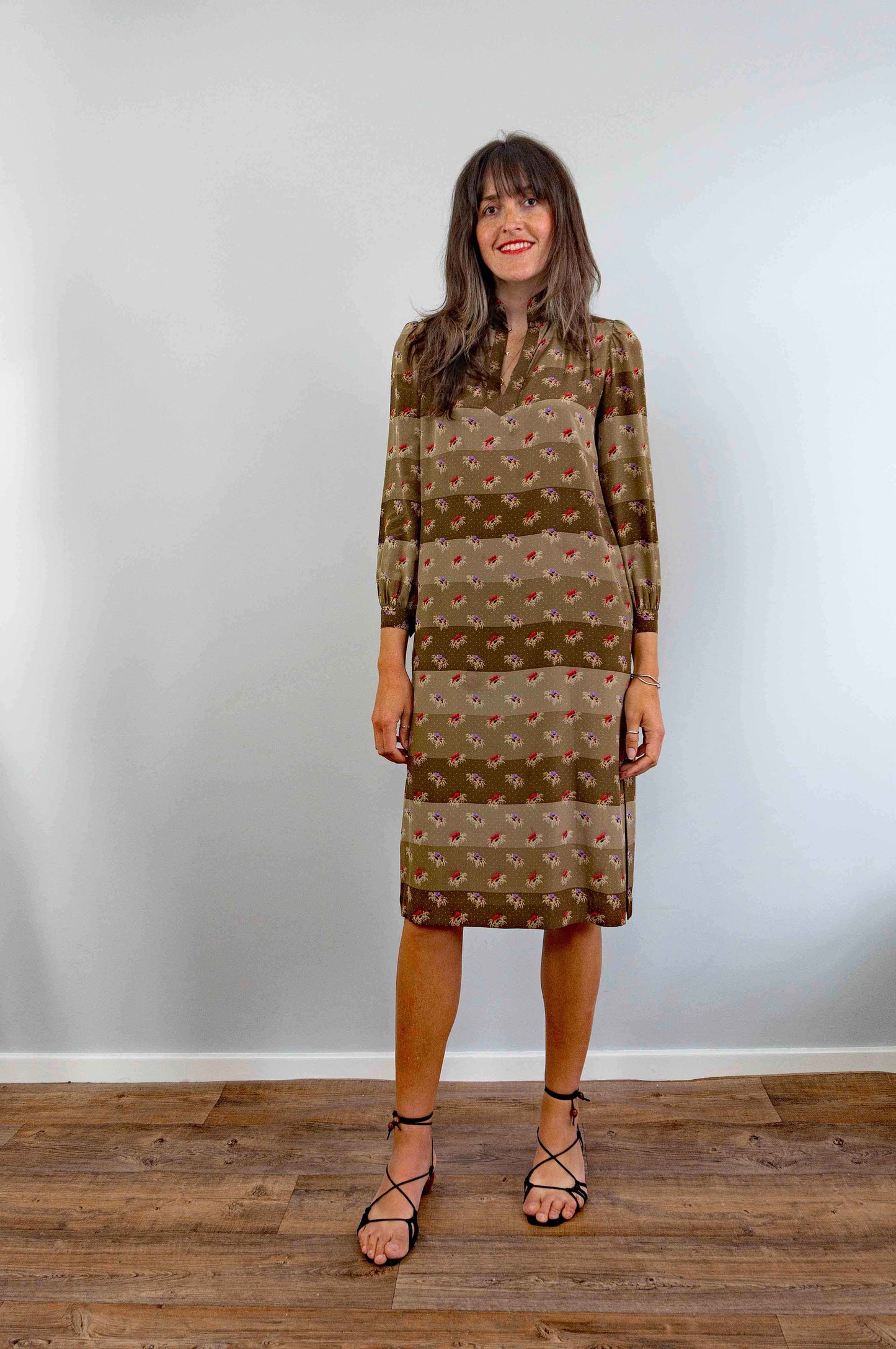 vintage 1970s midi brown floral silk dress