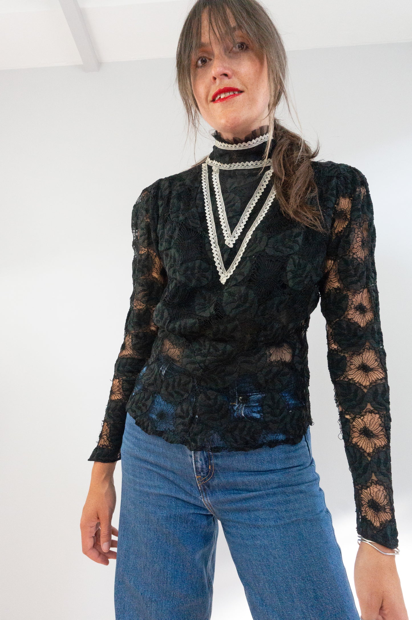 1905 edwardian leaf lace black ruffle neck blouse