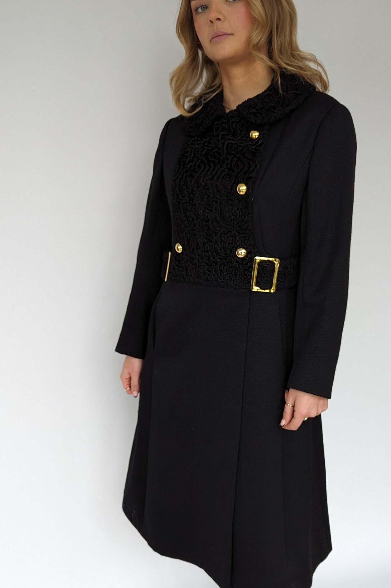 1960s black vintage wool coat with gold buckles and buttons and long in length