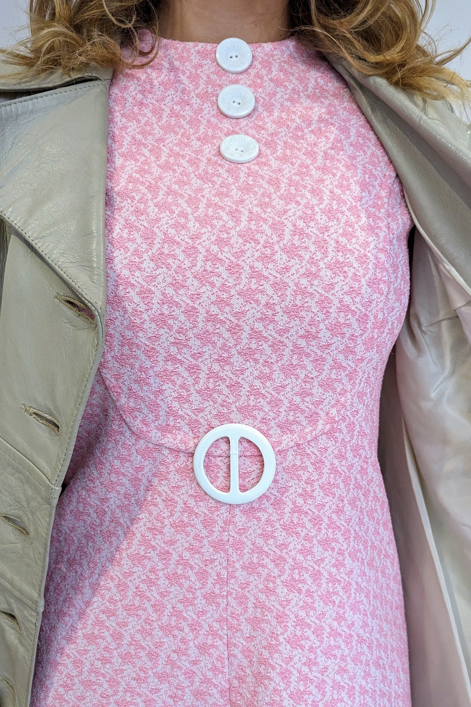 1960s mod mini dress in pink buttons with flowers