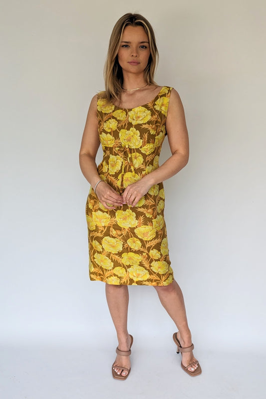 1960s brown and yellow floral shift wiggle dress with empire line and bow