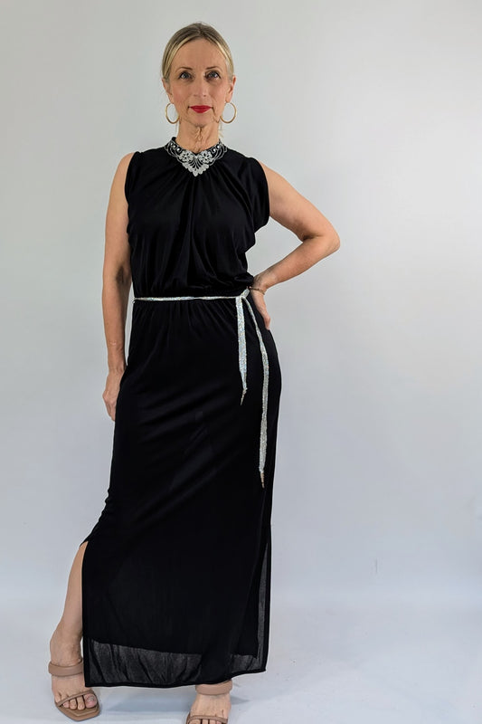 1970s Radley Black Long Vintage Dress with silver embroidery around the neck and silver belt