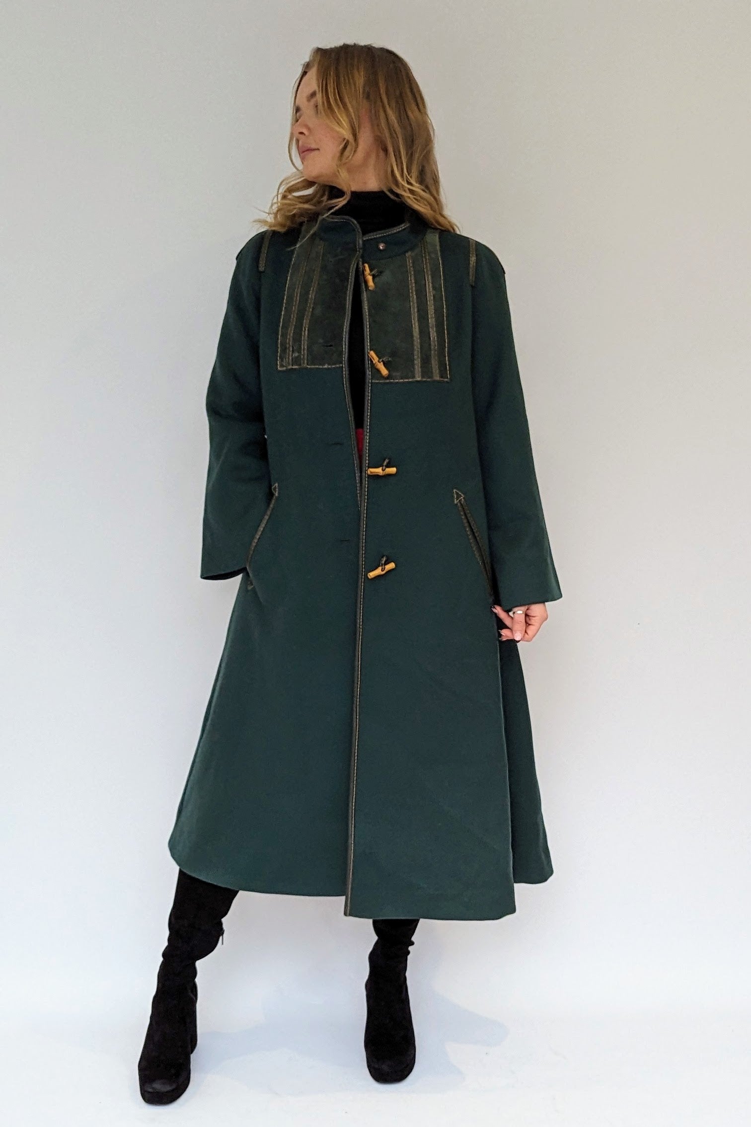 dark green vintage toggle coat long wool