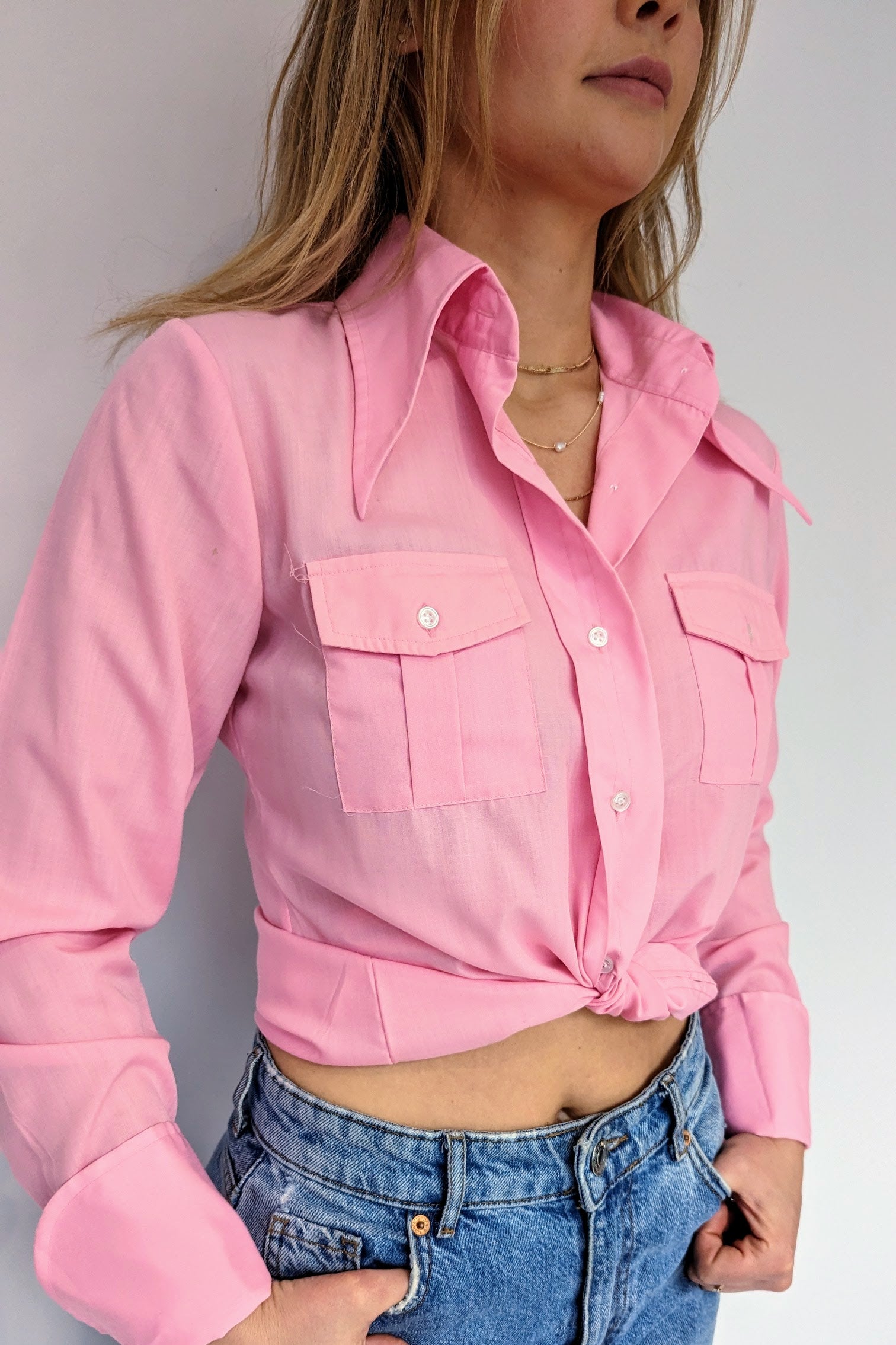 70s pink dagger collar long sleeve shirt in tie knot