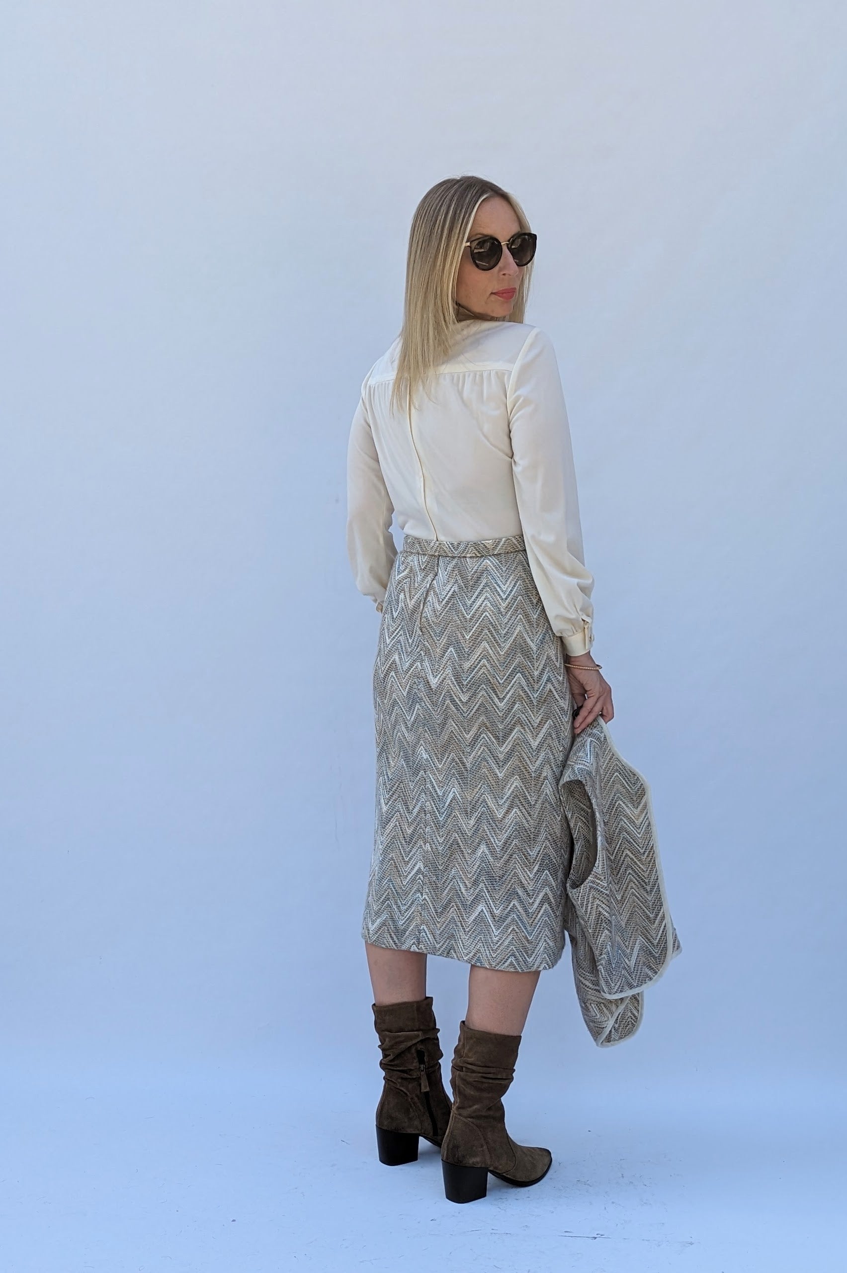 Berkertex 70s cream top and woven skirt dress with waistcoat