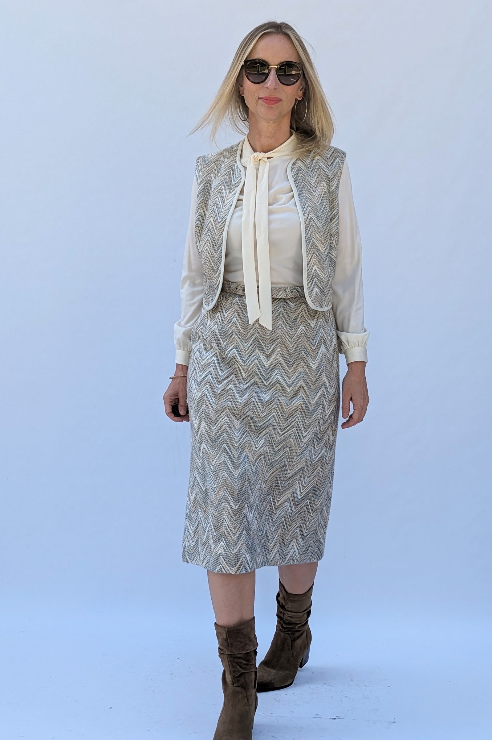 1970s cream top and woven skirt dress with waistcoat and tie blouse