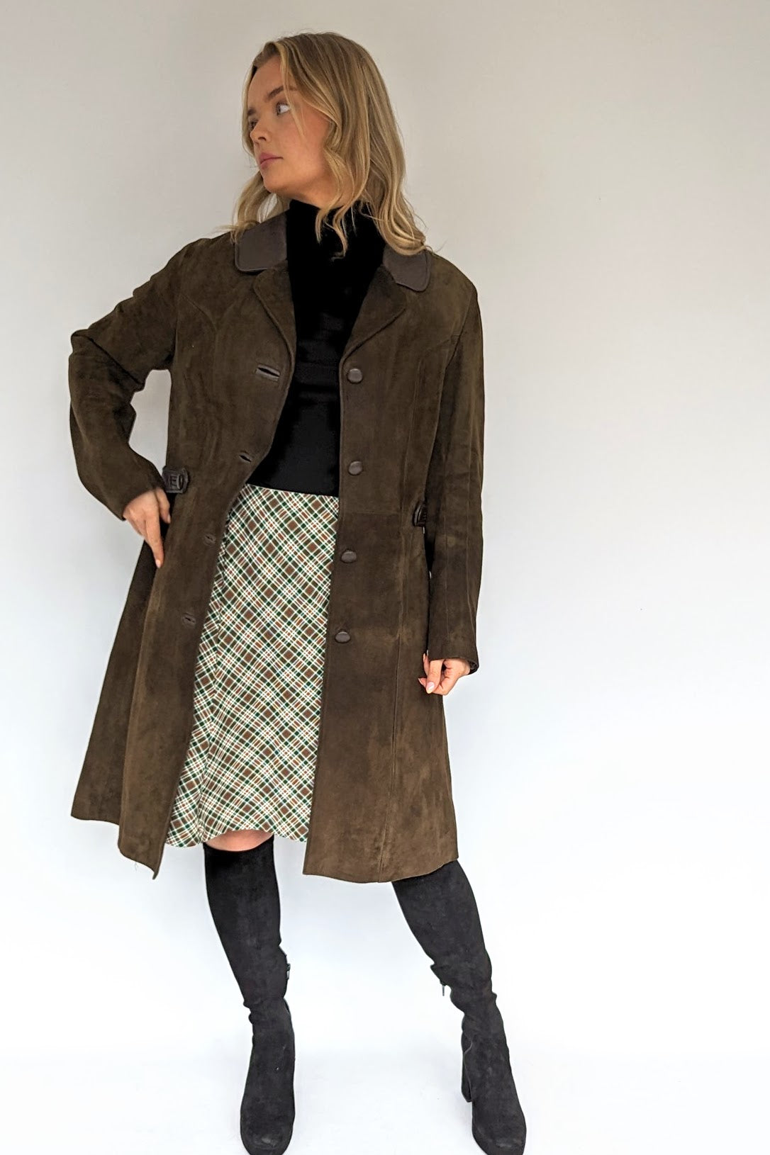 skirt with suede jacket from 1970s checked suit