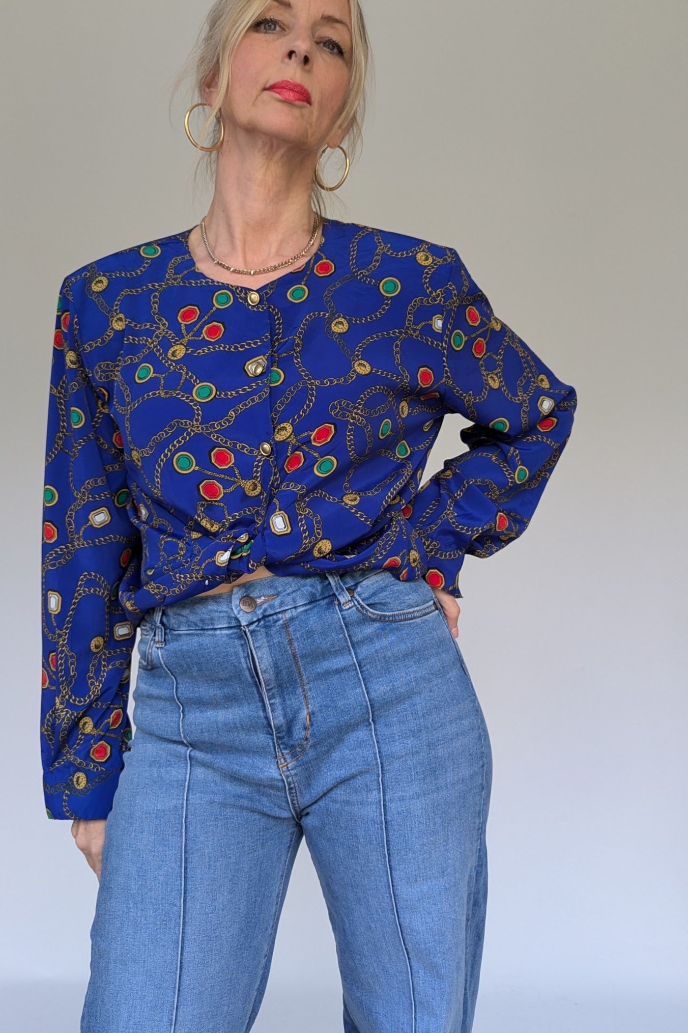 1980s vintage blue chain print blouse
