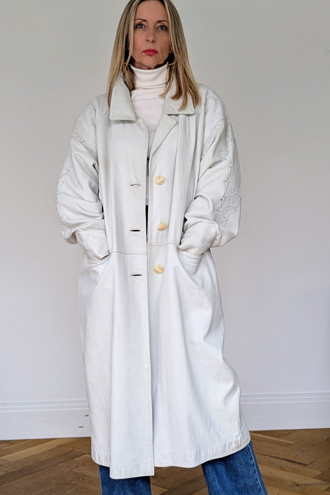 1980s vintage long white leather coat