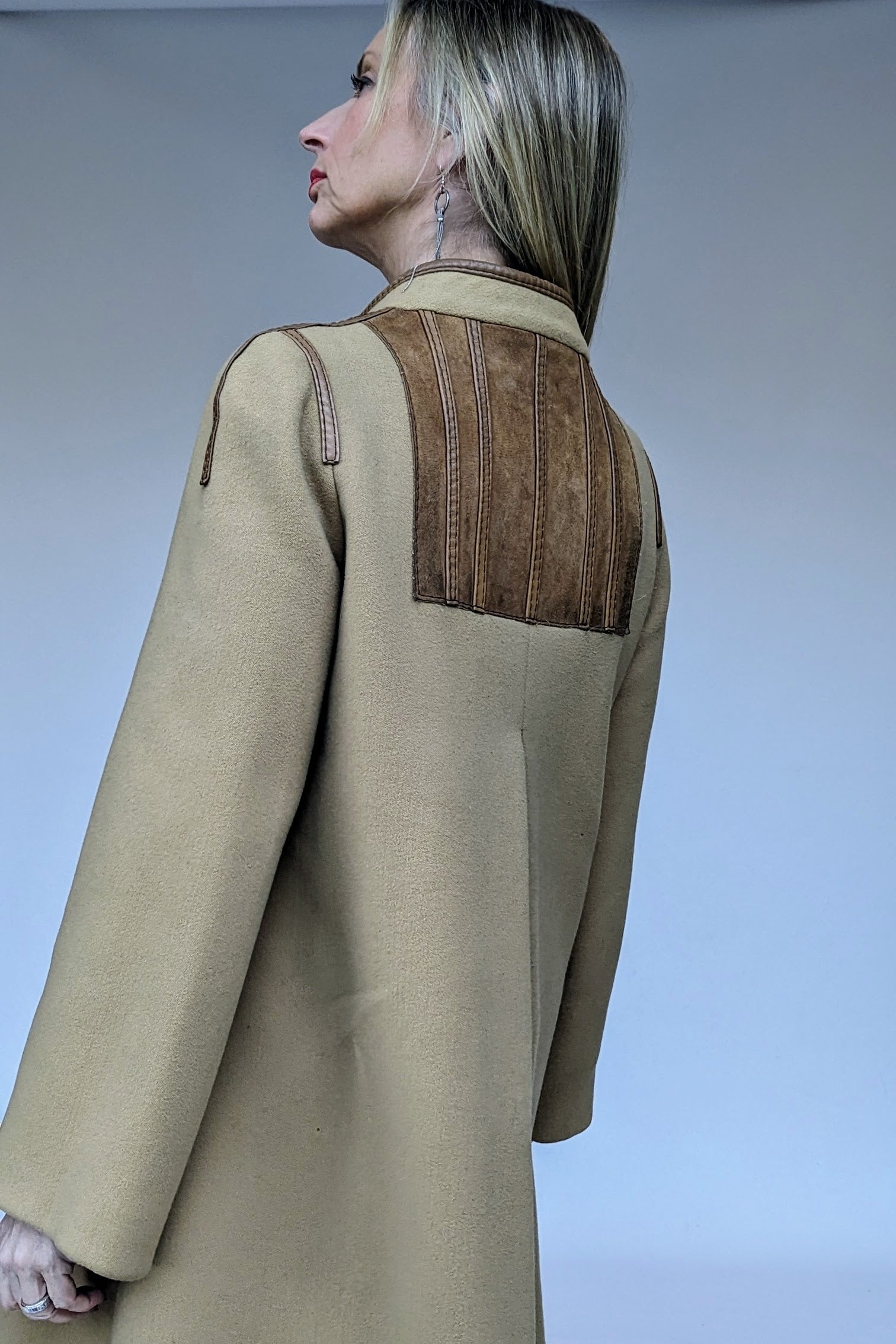 Vintage camel wool coat with leather detail