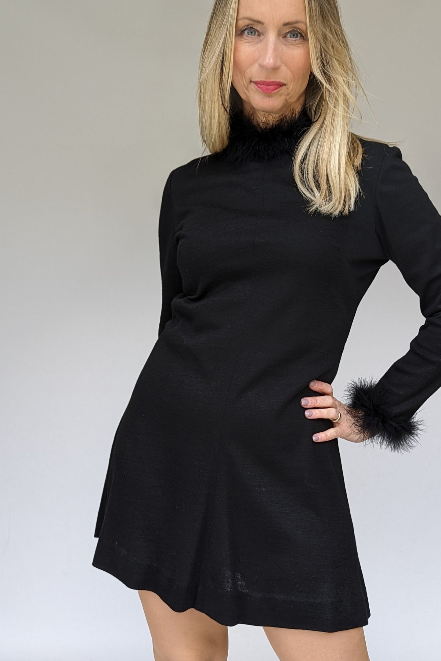 60s Black Feathered Long Sleeved Mini Party Dress