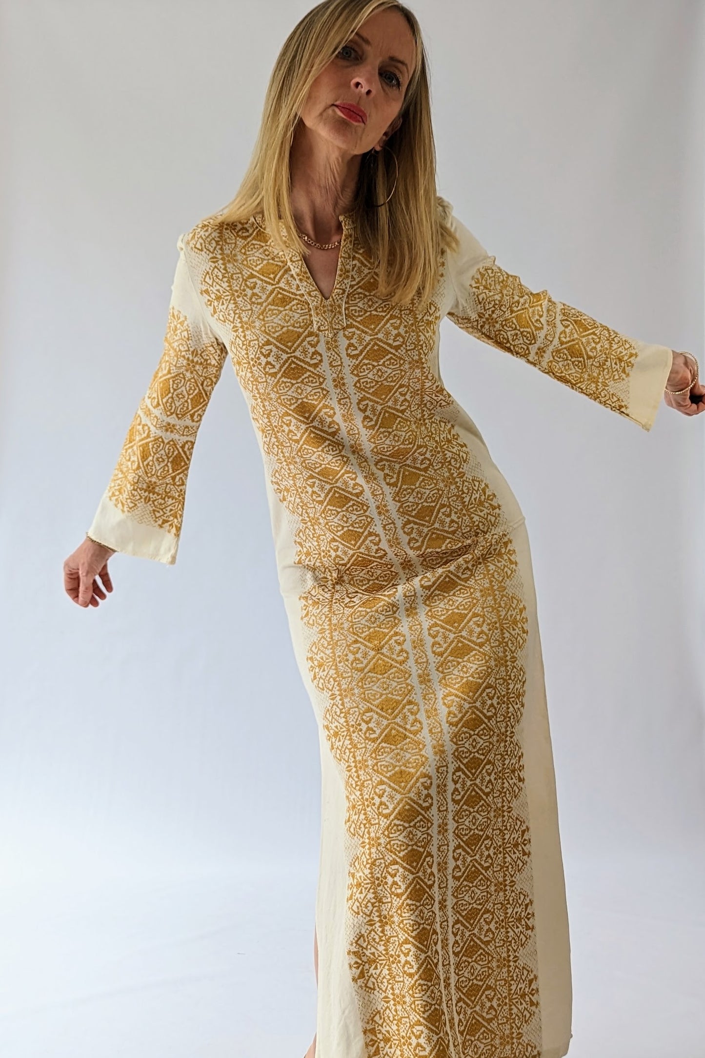 Vintage Gold and Cream Embroidered Long Kaftan Dress