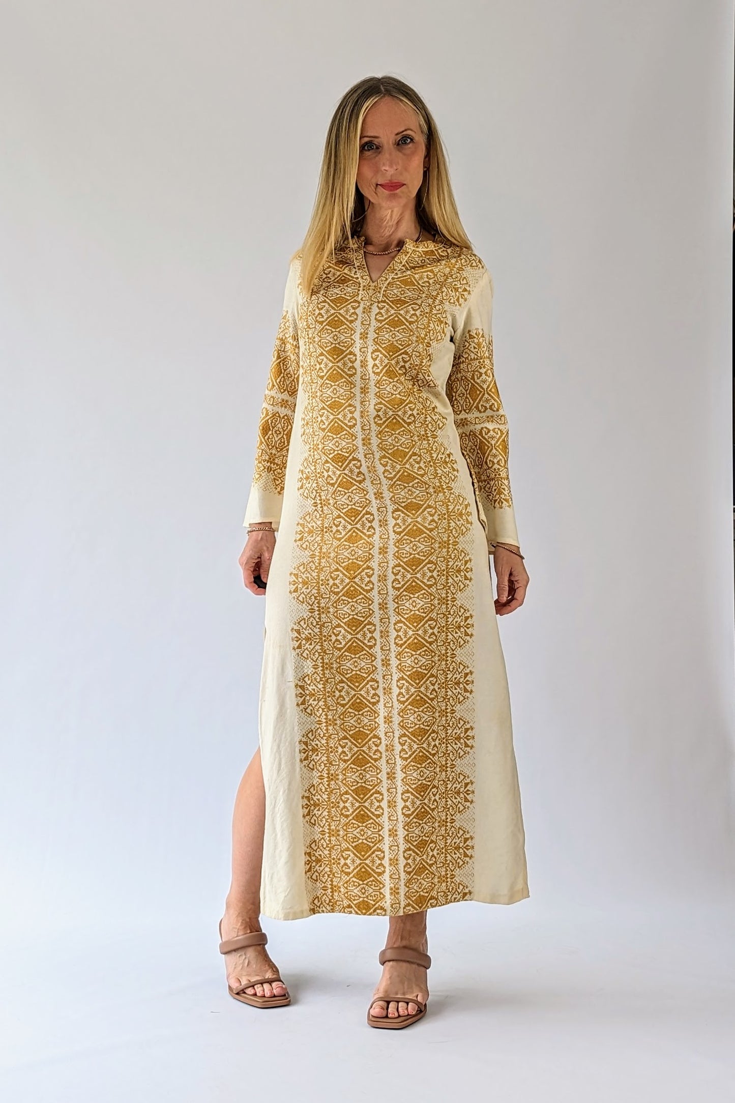 Vintage Gold and Cream Embroidered Long Kaftan Dress