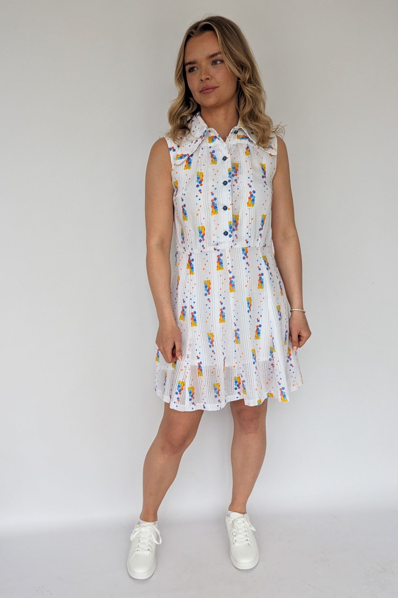 sixties vintage white mini dress with colour spot pattern and buttons on top with side zip