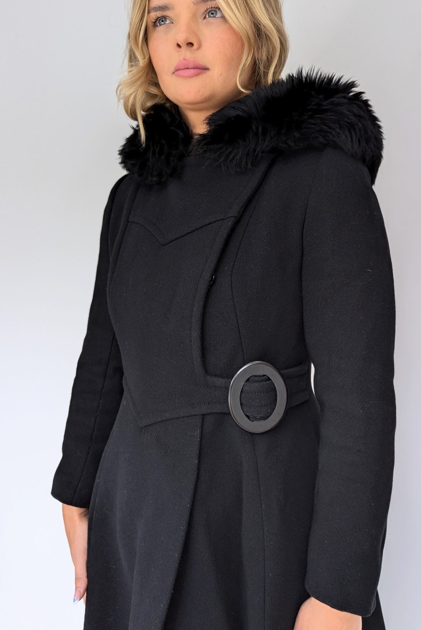 60s vintage black coat by richards with fur trimmed hood