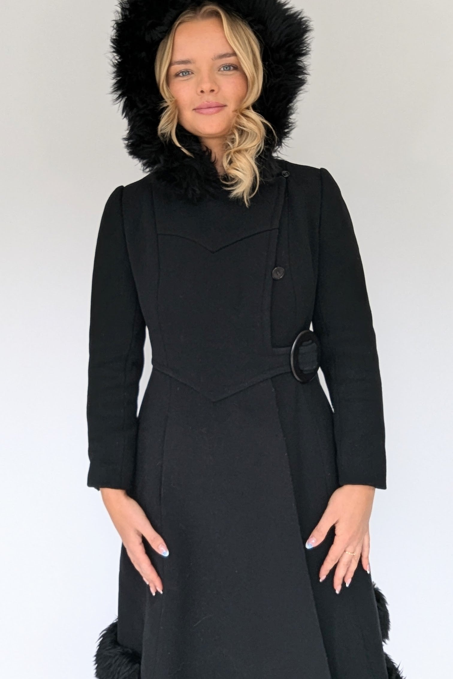 60s vintage hooded black long winter coat with fur trim and side buckle