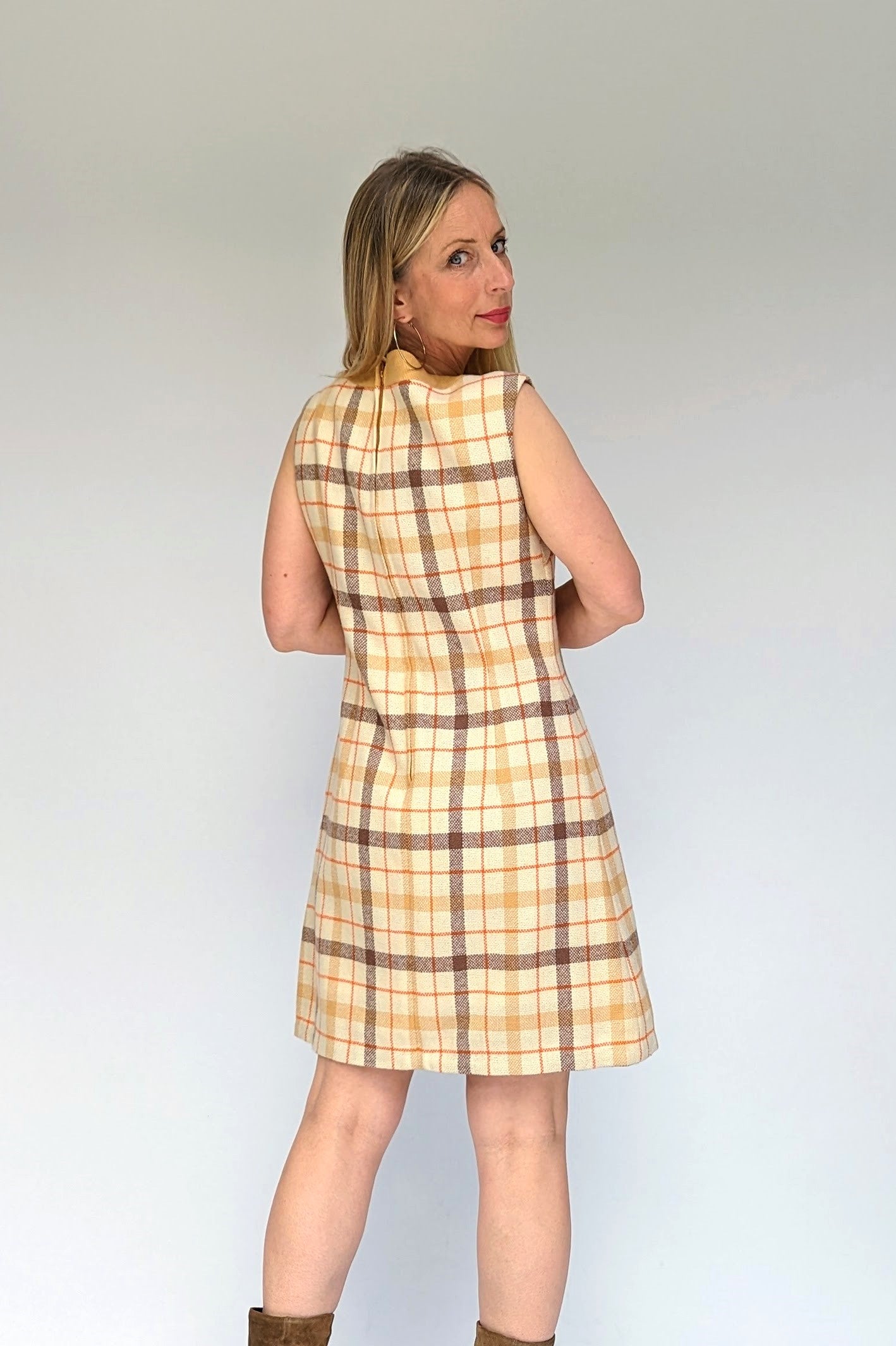 60s checked wool shift dress in cream and beiges