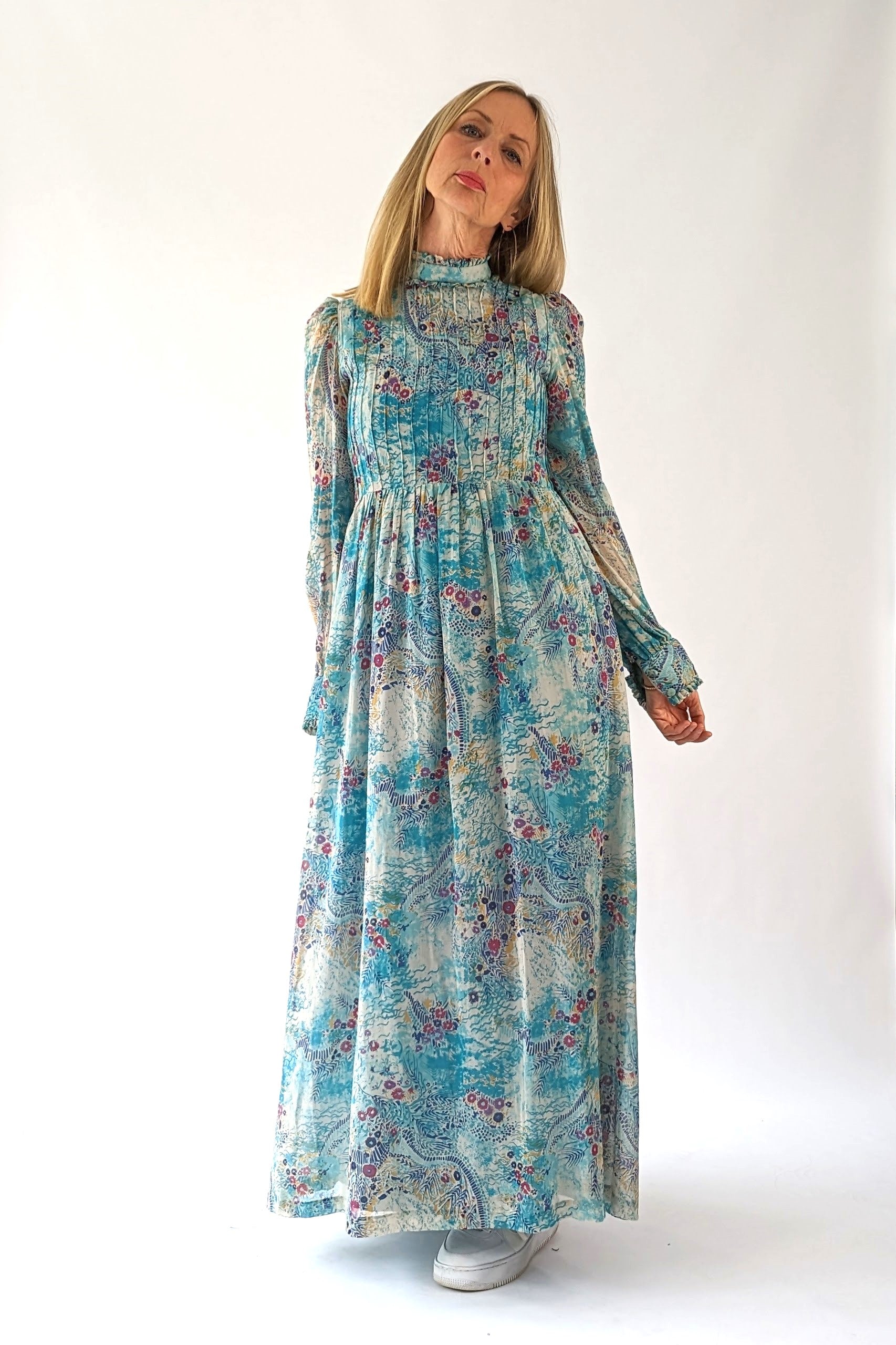 high neck long sleeved 70s dress