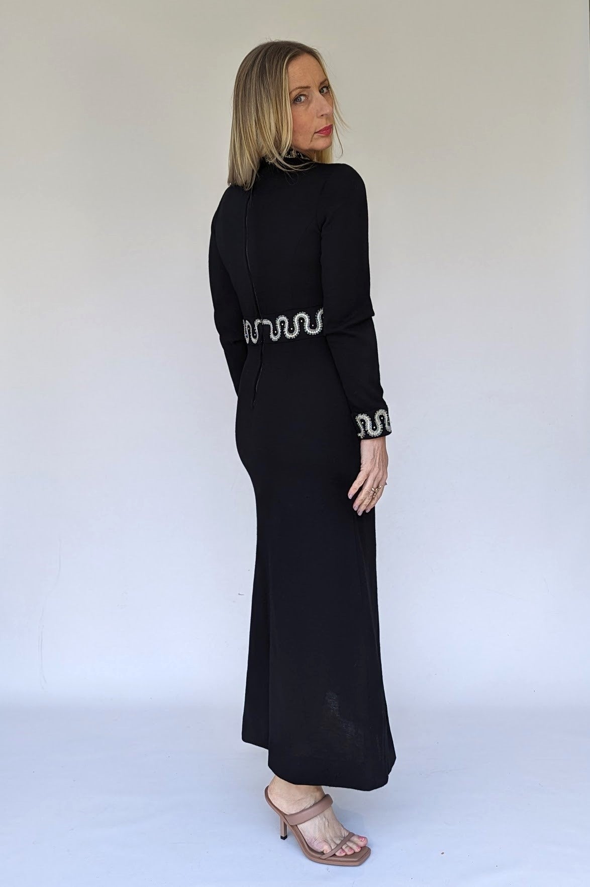 70s Jean Varon Long Sleeved Beaded Black Maxi Dress