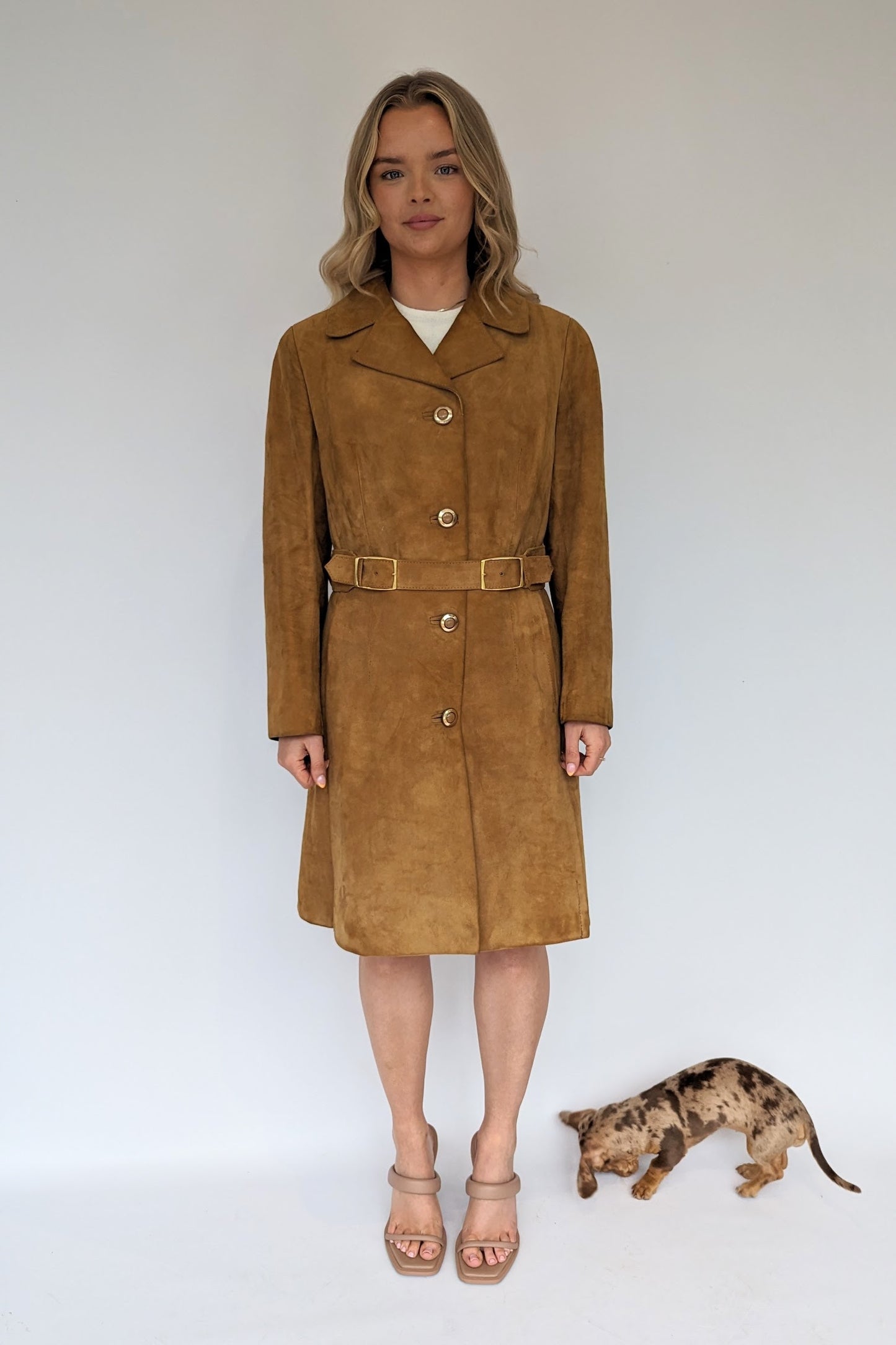 70s long tan suede ladies coat with gold buttons and gold buckled belt
