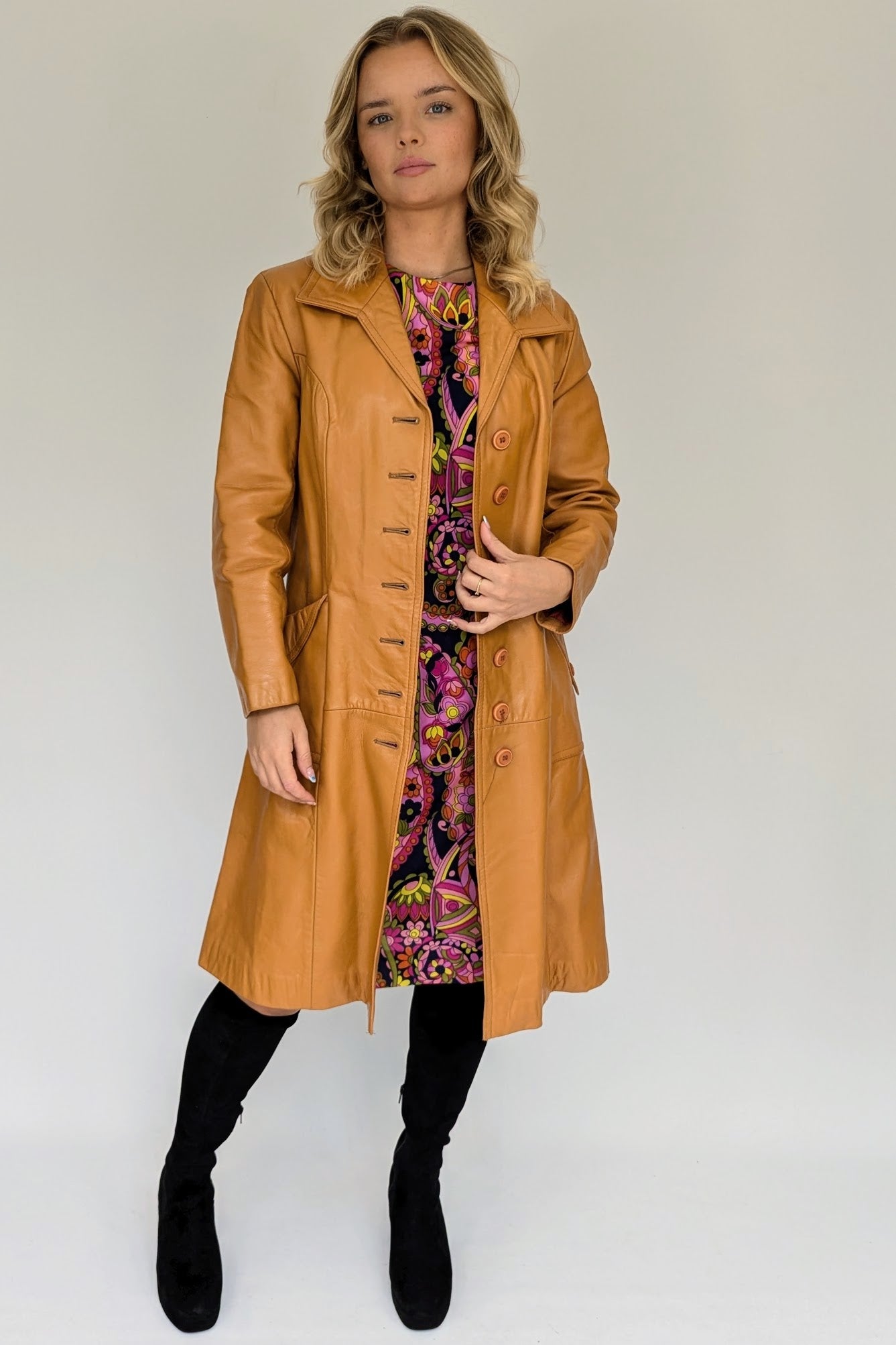 70s retro long tan leather coat womens with pockets