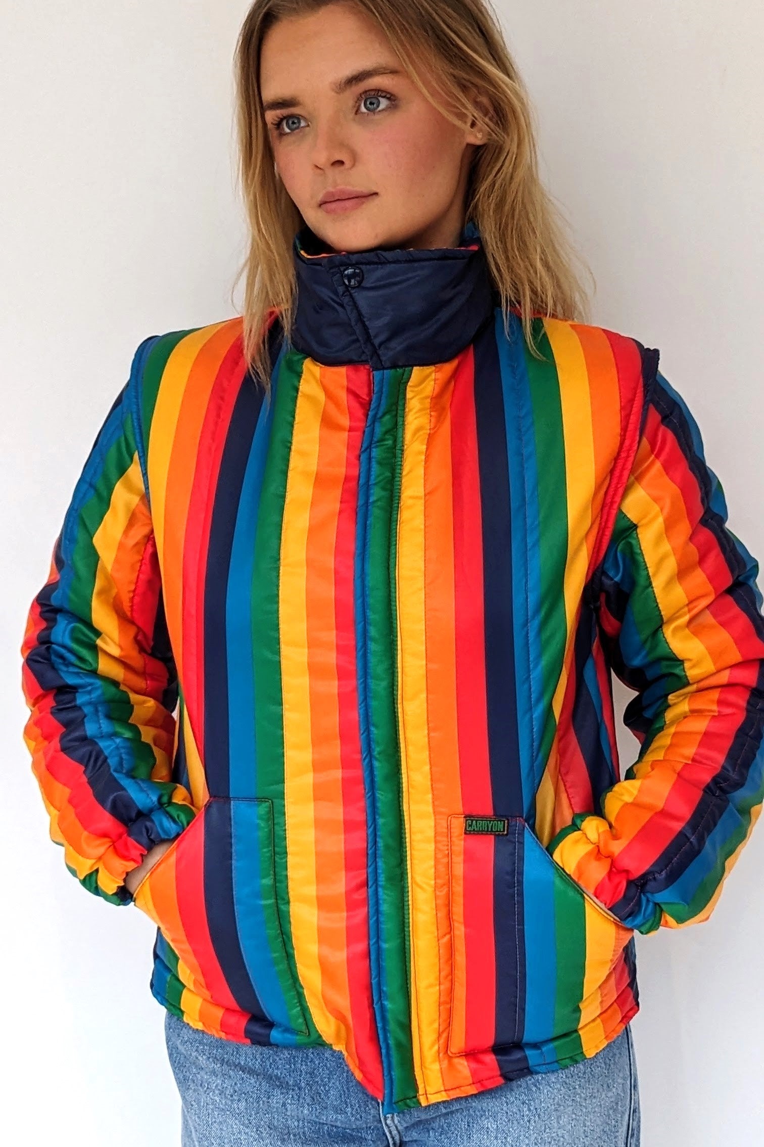 zipped up rainbow ski puffer jacket