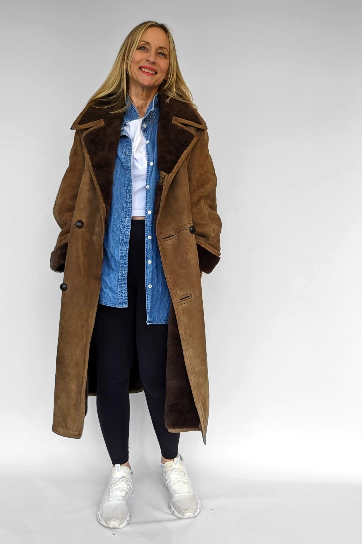 Long ladies brown shearling coat