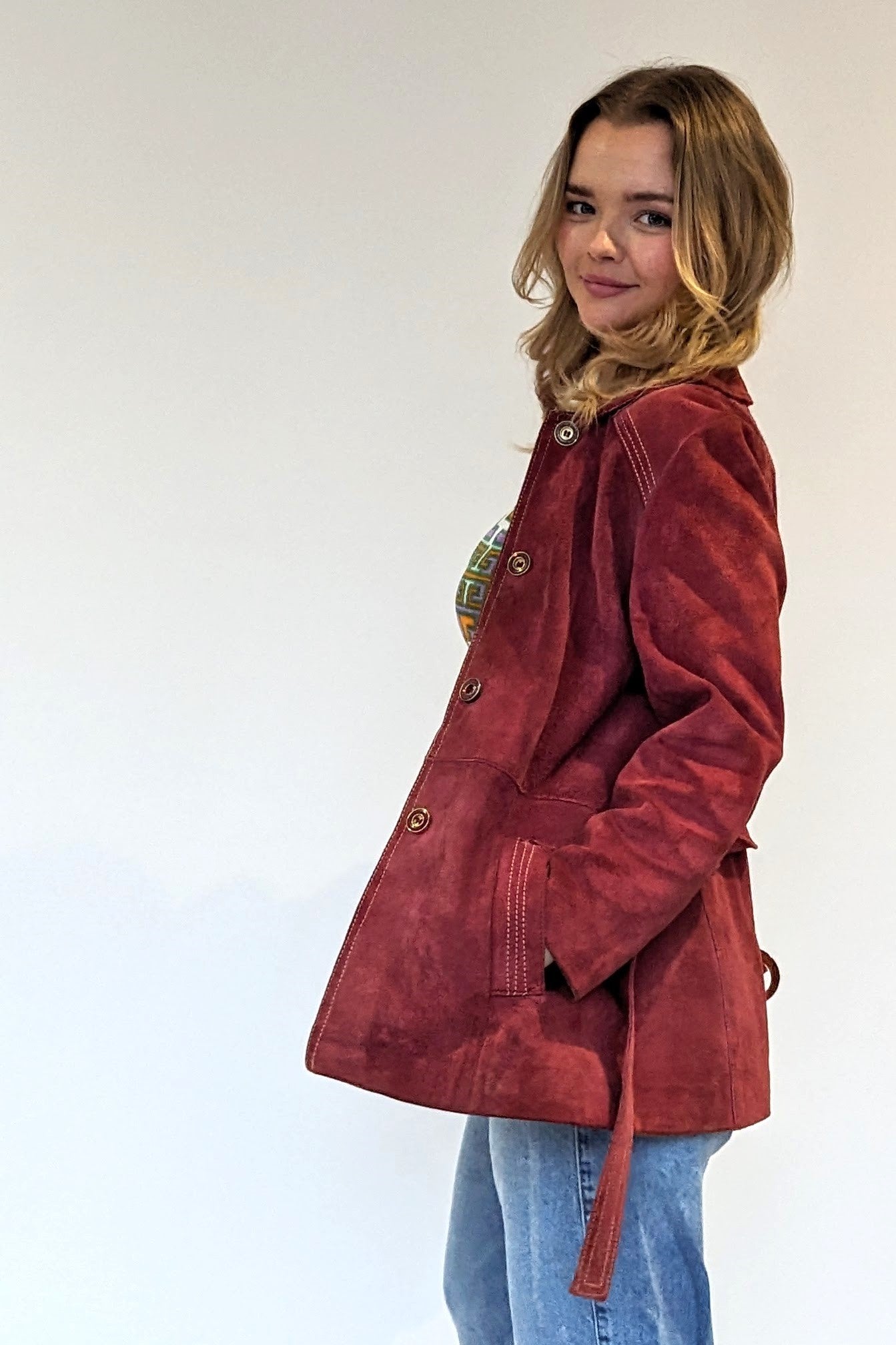 red vintage suede coat with pockets