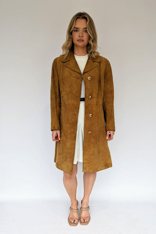70s long tan suede ladies coat with gold buttons