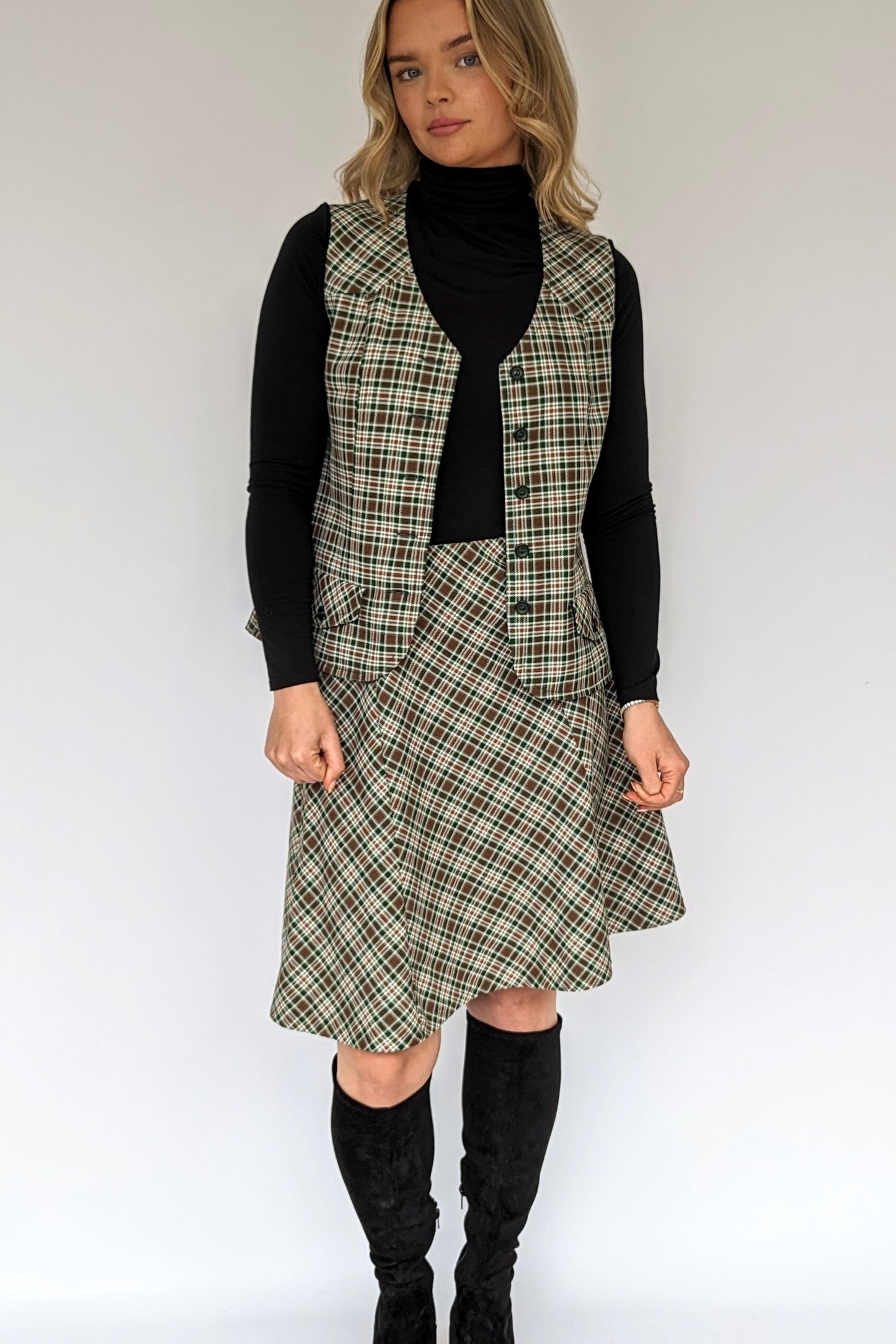 preppy Plaid check skirt suit from 1970s in khaki and brown