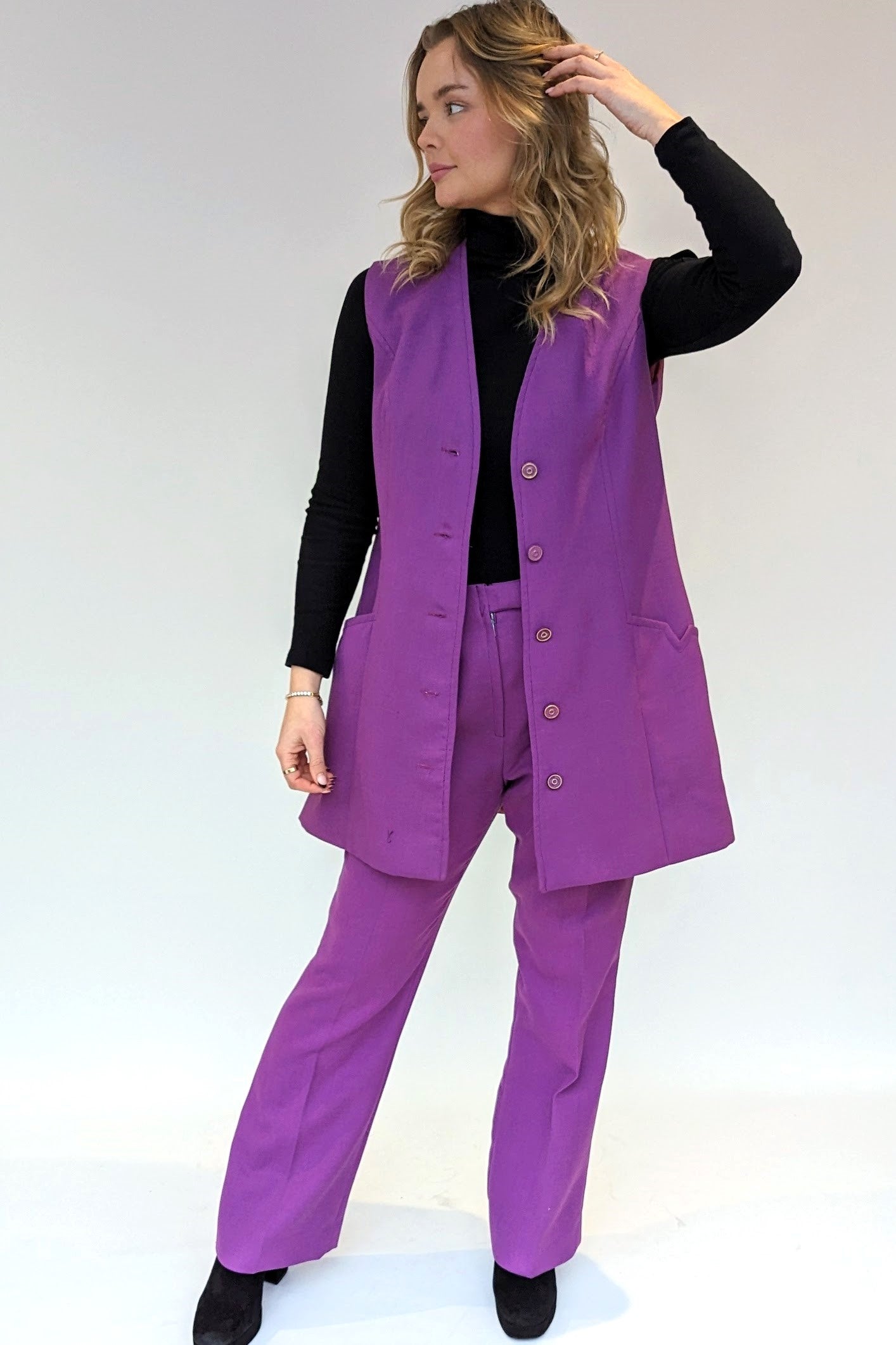 70s purple trouser waistcoat set with black roll neck