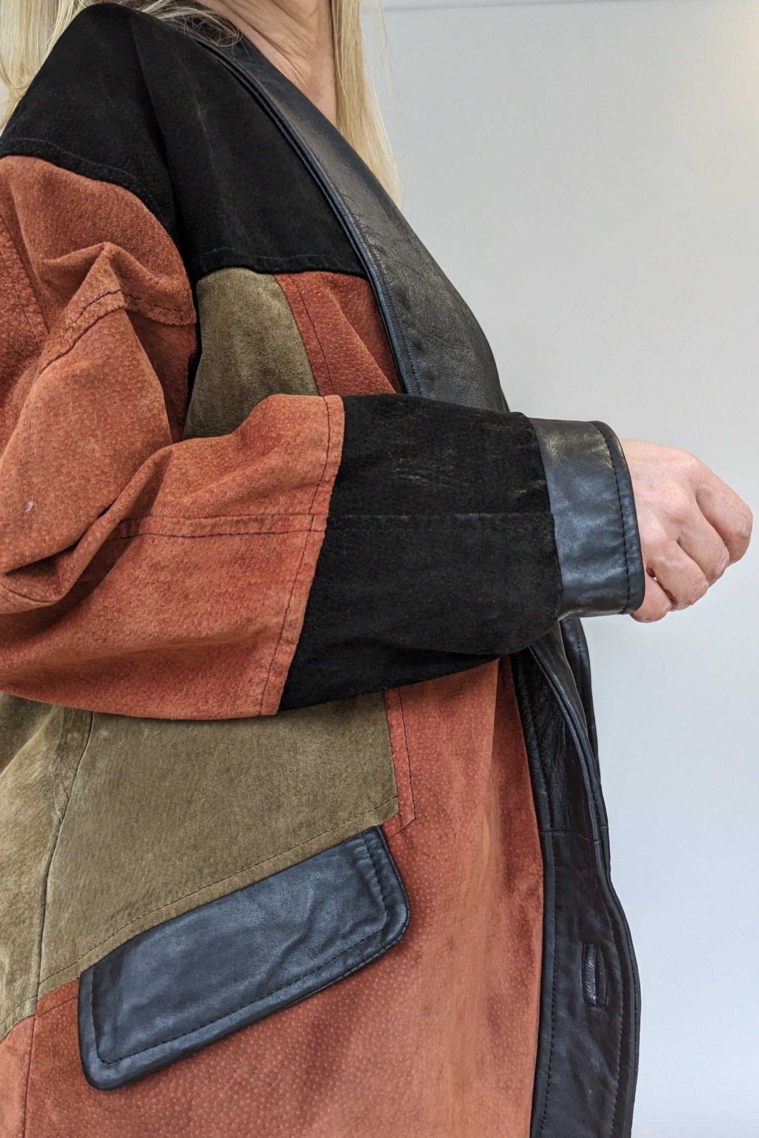 side close up of Oversized Suede Patchwork Ladies Jacket in Khaki, Black and Russet