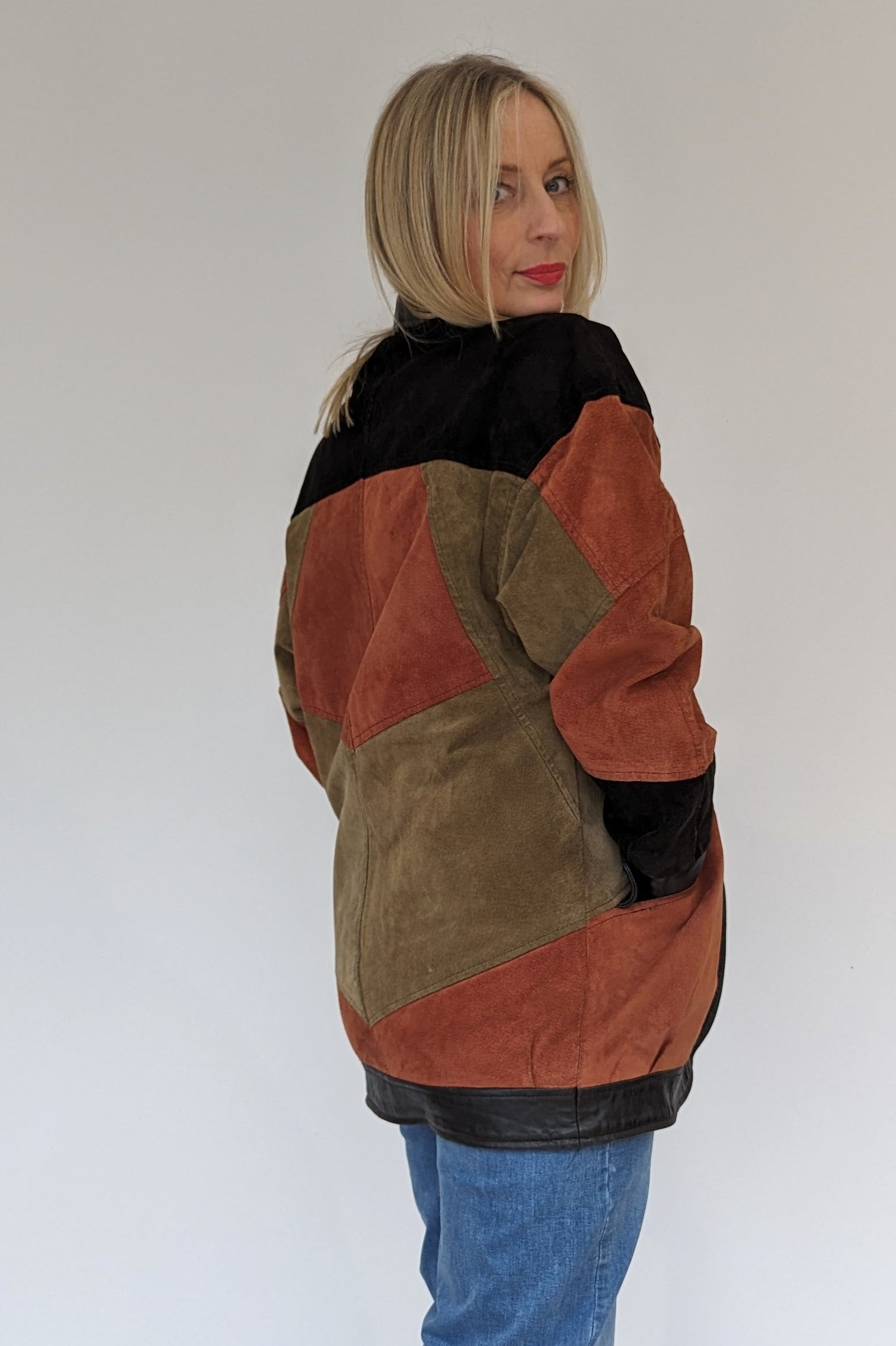 Oversized Suede Patchwork Ladies Jacket in Khaki, Black and Russet with pockets